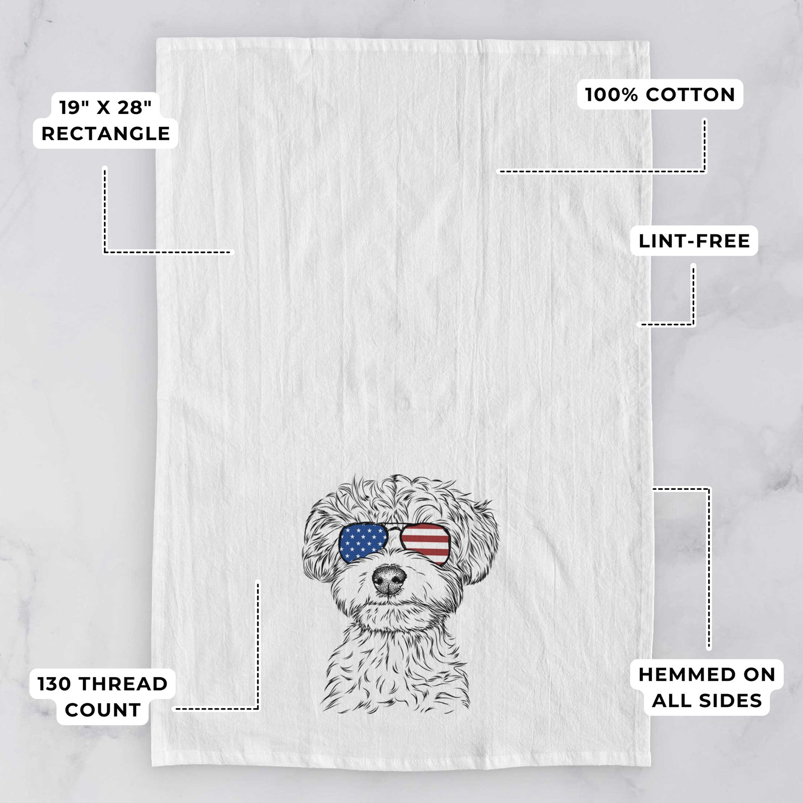 Hand-drawn sketch of Elliott the Yorkiepoo wearing American flag sunglasses on a tea towel, with feature callouts: 19 x 28 inch rectangle, 100% cotton, lint-free, 120 thread count, hemmed on all sides