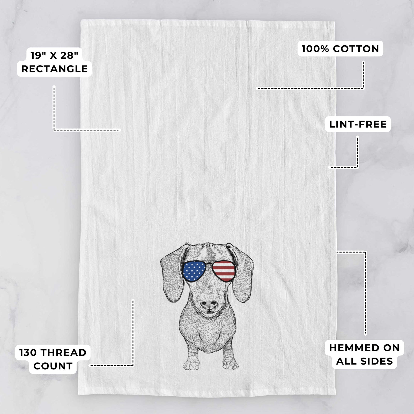Hand-drawn sketch of Ernie the Mini Dachshund wearing American flag sunglasses on a tea towel, with feature callouts: 19 x 28 inch rectangle, 100% cotton, lint-free, 120 thread count, hemmed on all sides