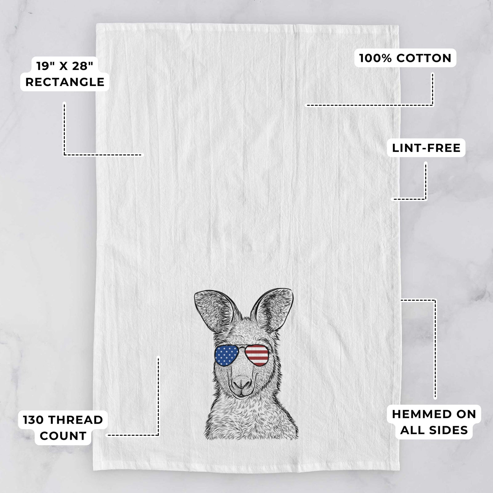 Hand-drawn sketch of Evelyn the Eastern Grey Kangaroo wearing American flag sunglasses on a tea towel, with feature callouts: 19 x 28 inch rectangle, 100% cotton, lint-free, 120 thread count, hemmed on all sides