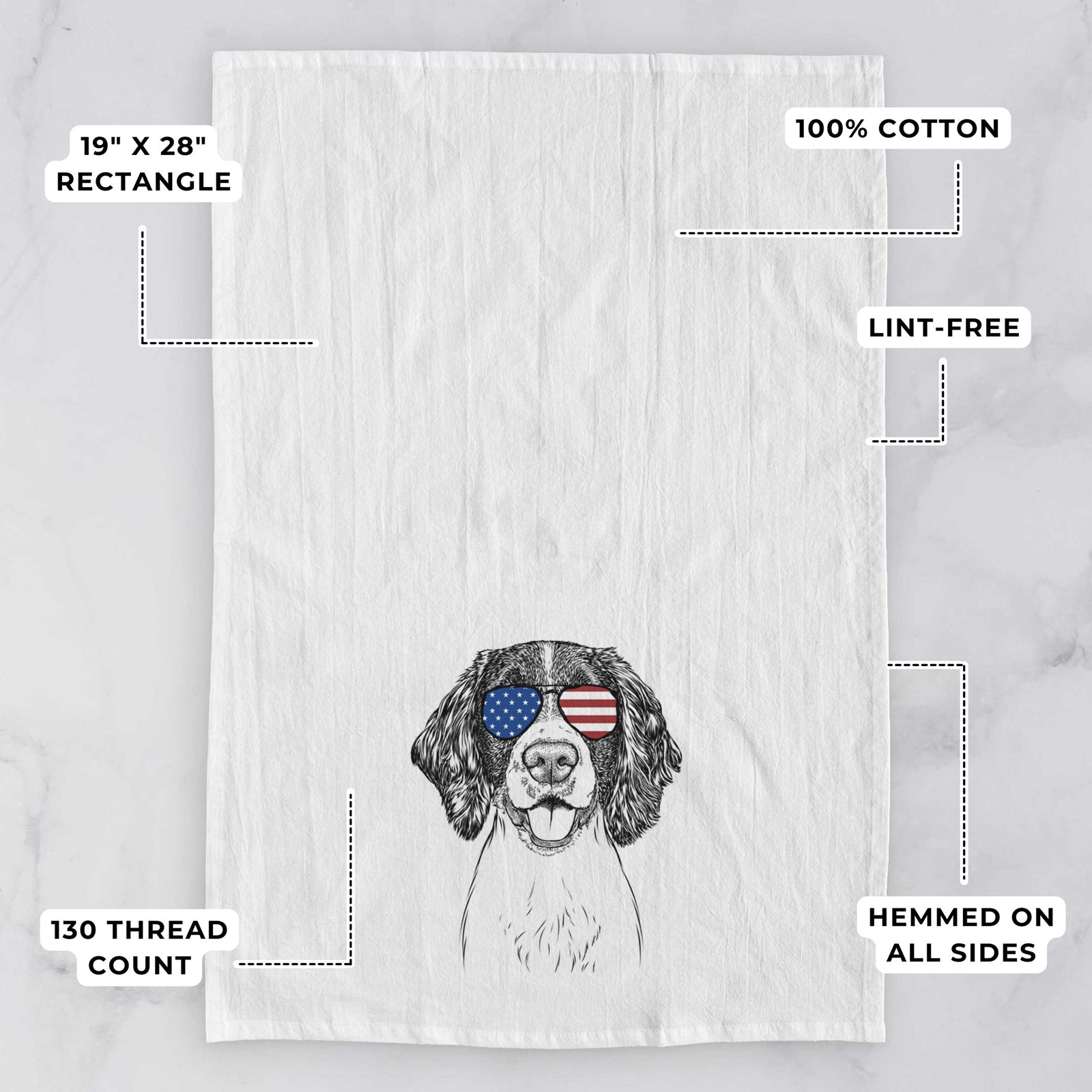 Hand-drawn sketch of Ever the English Springer Spaniel wearing American flag sunglasses on a tea towel, with feature callouts: 19 x 28 inch rectangle, 100% cotton, lint-free, 120 thread count, hemmed on all sides