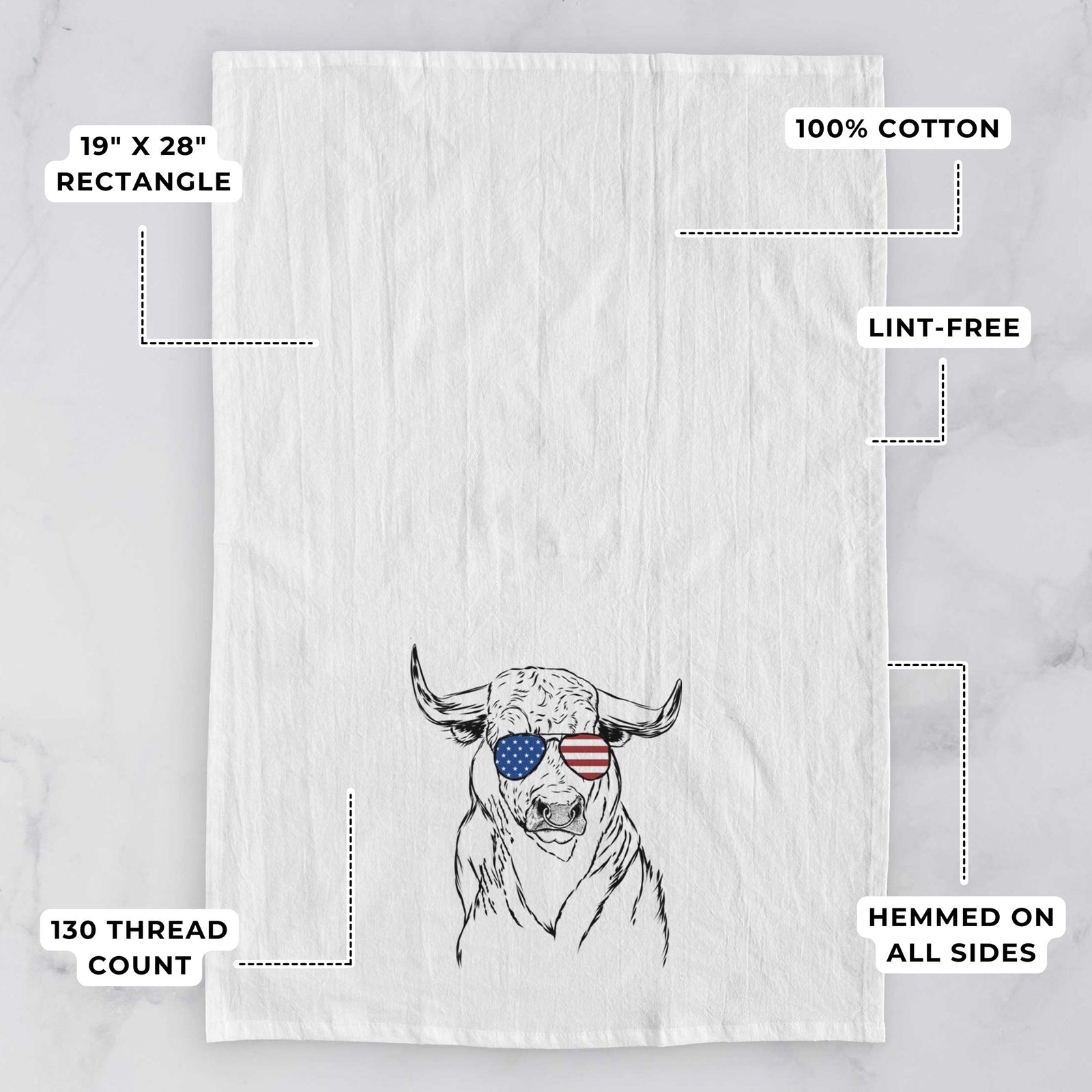 Hand-drawn sketch of Ferdinand the Bull wearing American flag sunglasses on a tea towel, with feature callouts: 19 x 28 inch rectangle, 100% cotton, lint-free, 120 thread count, hemmed on all sides