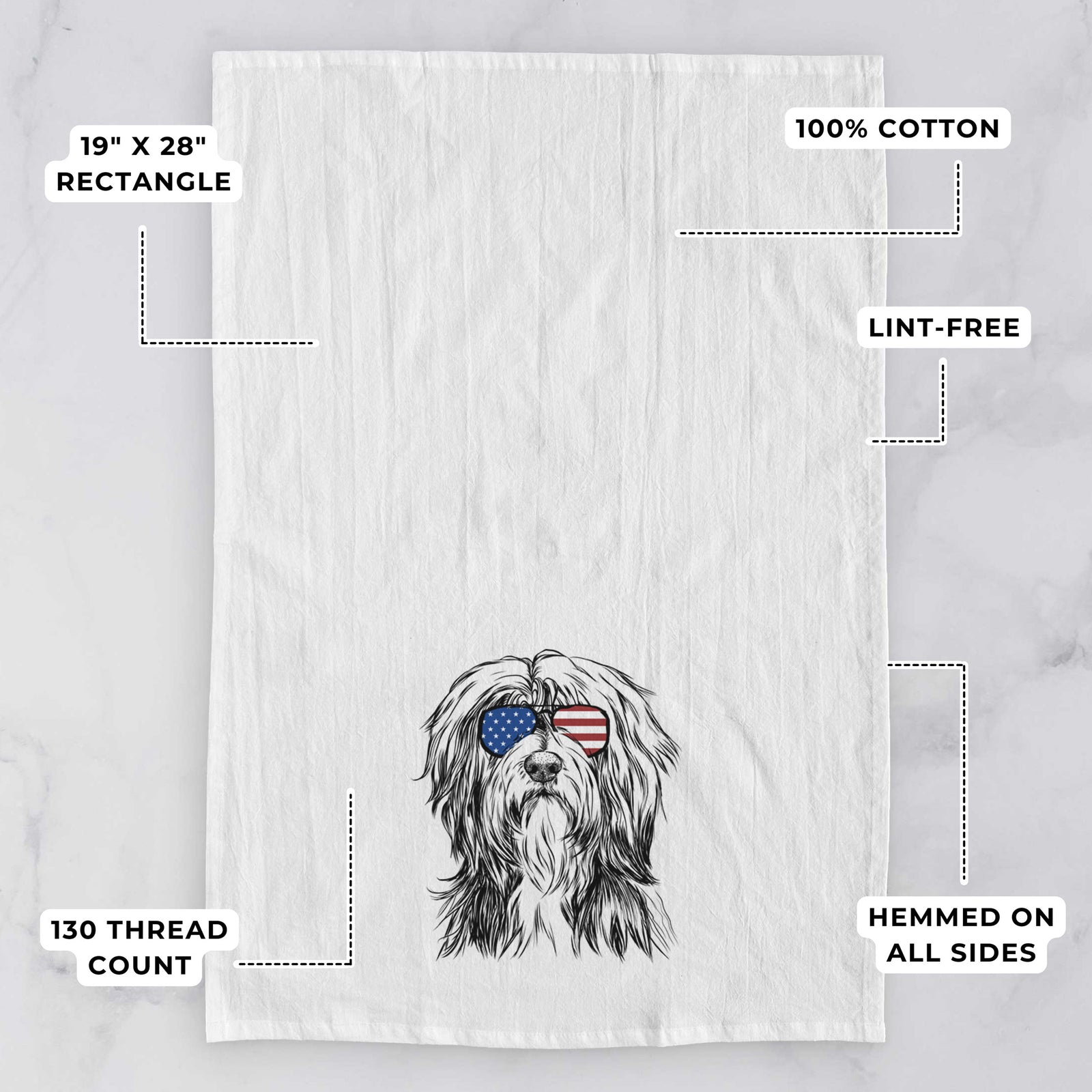 Hand-drawn sketch of Fiji the Polish Lowland Sheepdog wearing American flag sunglasses on a tea towel, with feature callouts: 19 x 28 inch rectangle, 100% cotton, lint-free, 120 thread count, hemmed on all sides