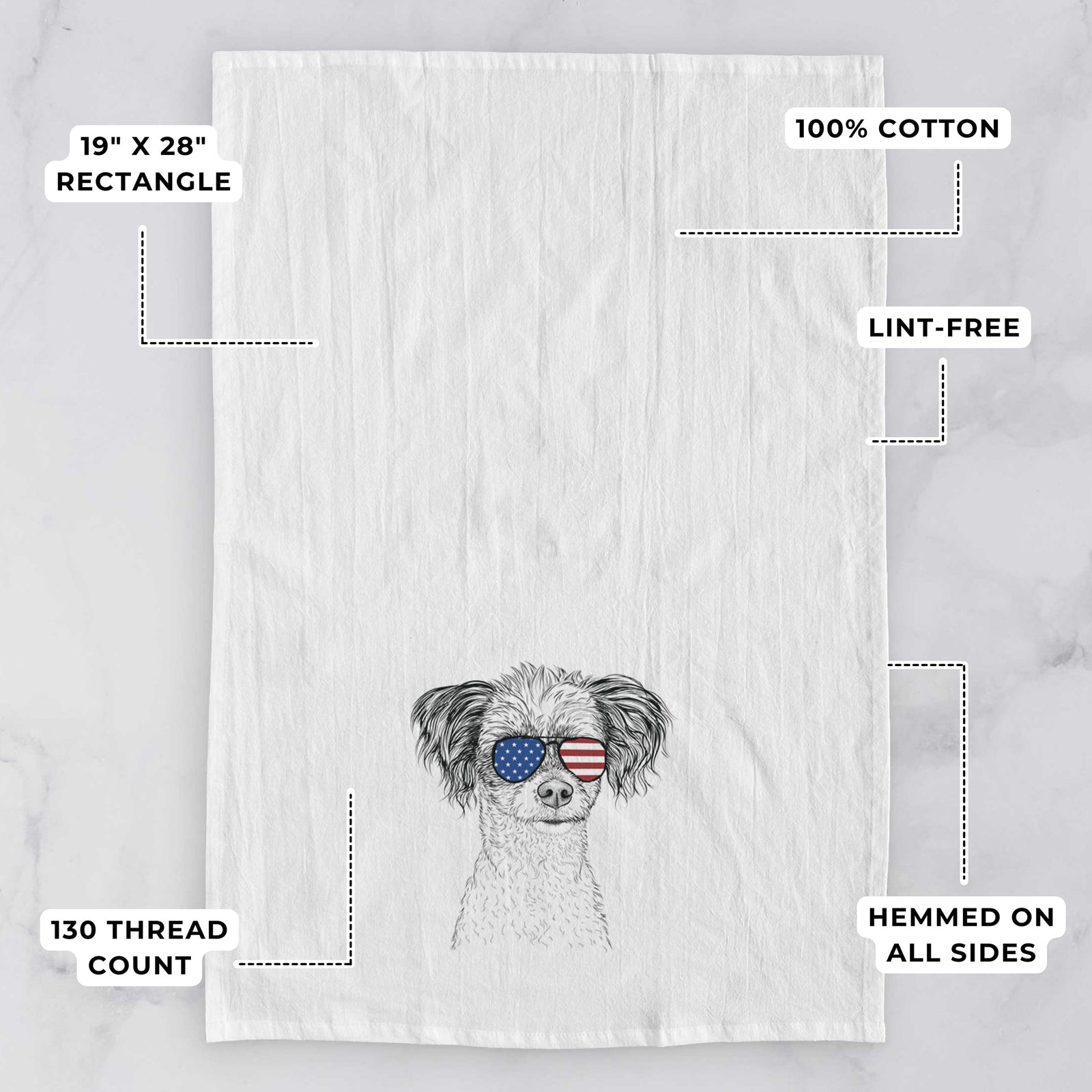Hand-drawn sketch of Finley the Papillon Mix wearing American flag sunglasses on a tea towel, with feature callouts: 19 x 28 inch rectangle, 100% cotton, lint-free, 120 thread count, hemmed on all sides