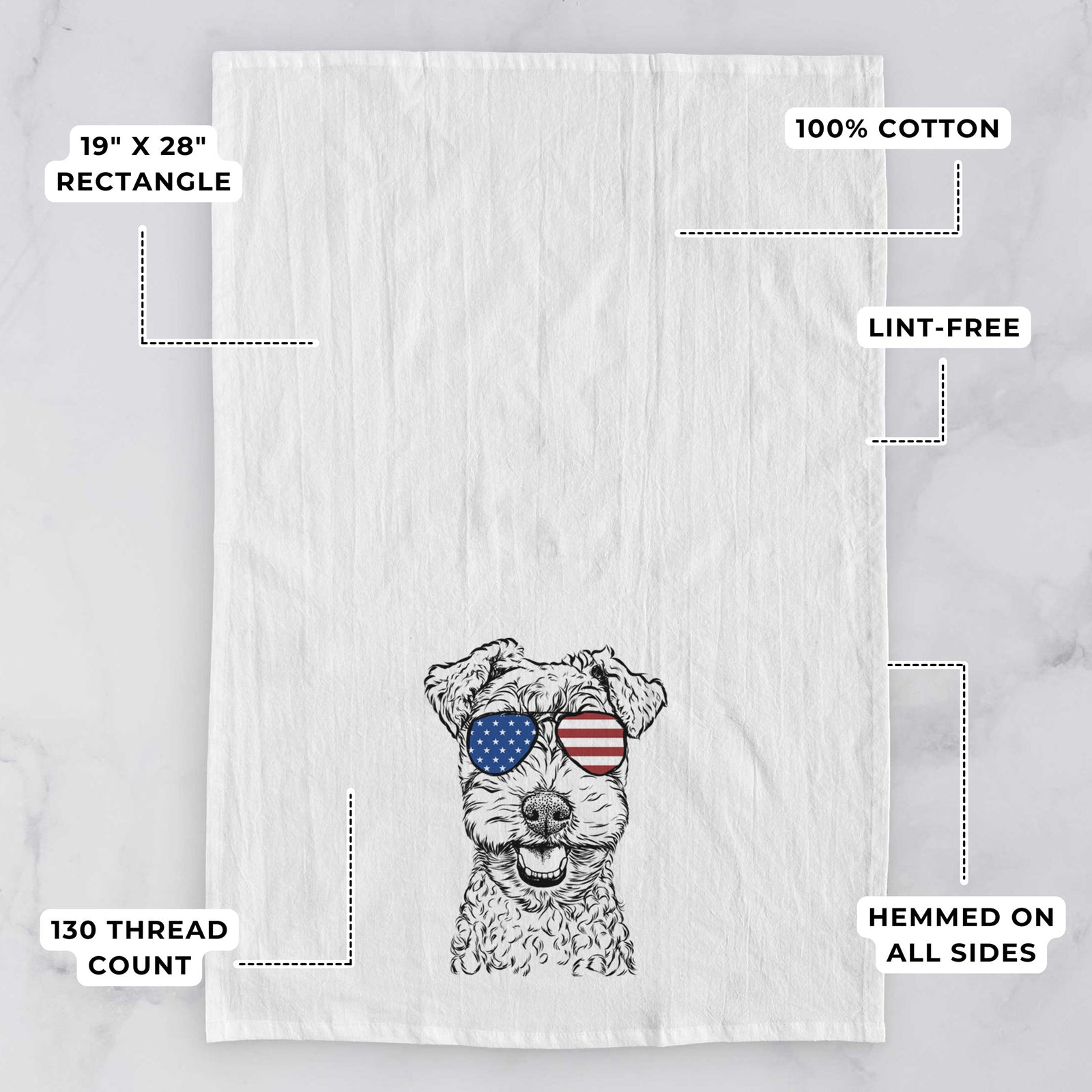 Hand-drawn sketch of Fintan the Irish Troodle wearing American flag sunglasses on a tea towel, with feature callouts: 19 x 28 inch rectangle, 100% cotton, lint-free, 120 thread count, hemmed on all sides