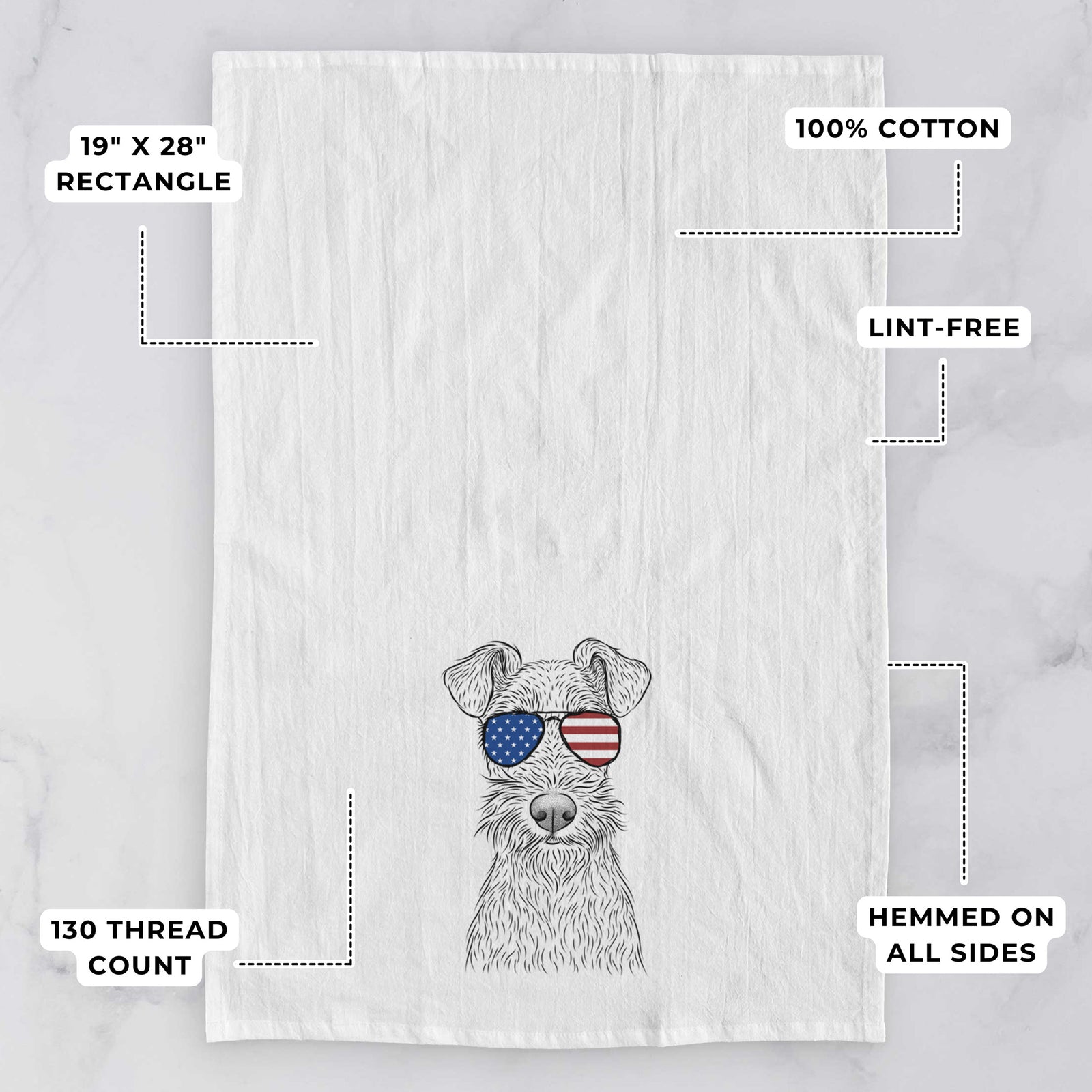 Hand-drawn sketch of Fitz the Wire Fox Terrier wearing American flag sunglasses on a tea towel, with feature callouts: 19 x 28 inch rectangle, 100% cotton, lint-free, 120 thread count, hemmed on all sides