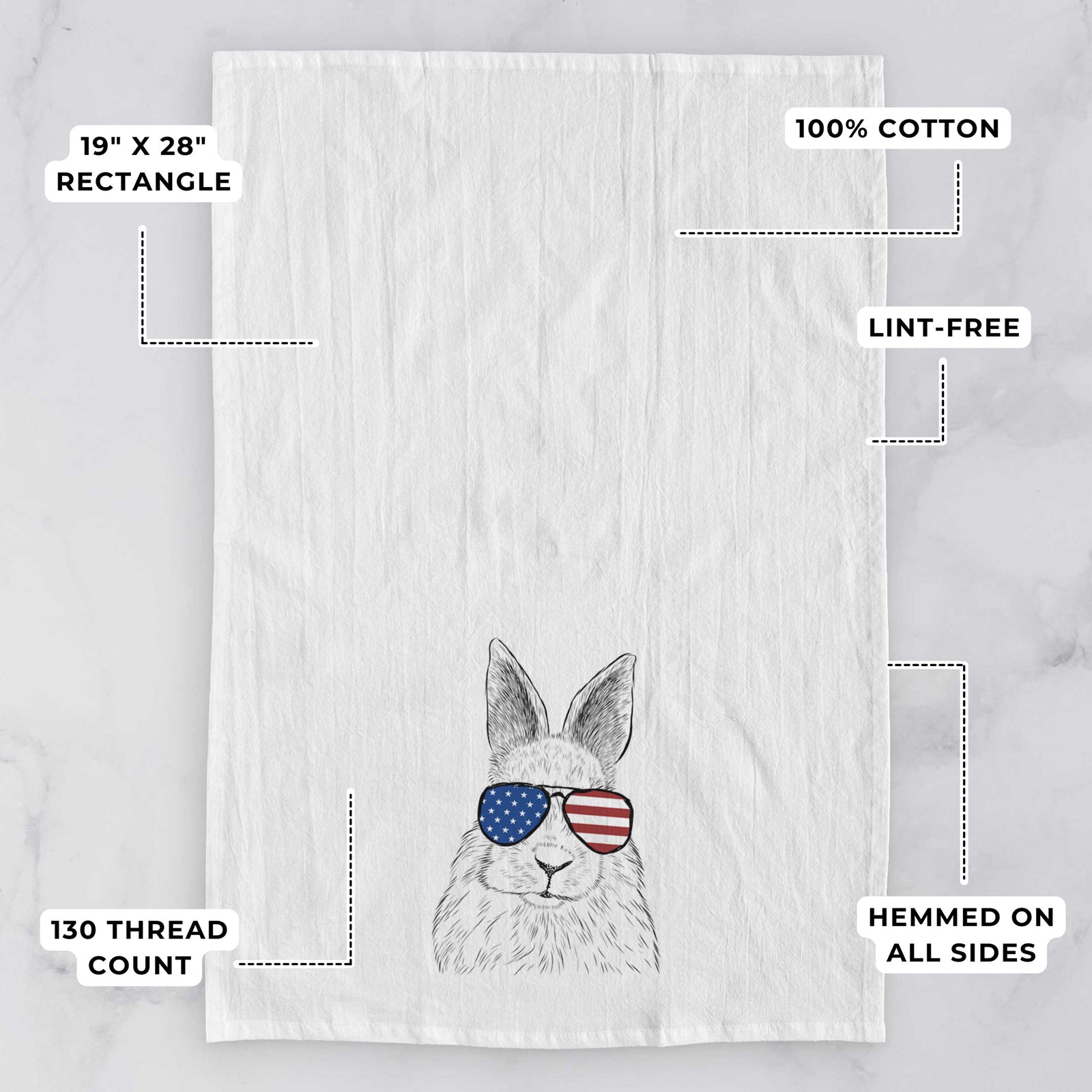 Hand-drawn sketch of Flower the Rex Rabbit wearing American flag sunglasses on a tea towel, with feature callouts: 19 x 28 inch rectangle, 100% cotton, lint-free, 120 thread count, hemmed on all sides
