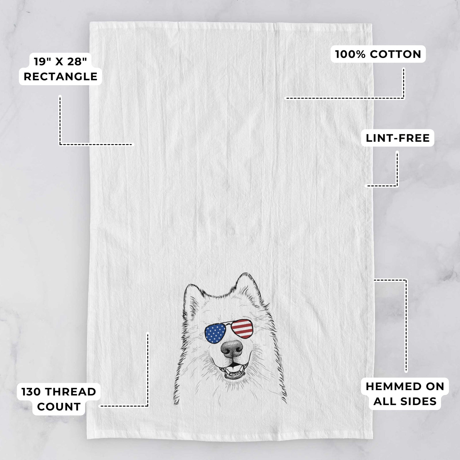 Hand-drawn sketch of Foster the Samoyed wearing American flag sunglasses on a tea towel, with feature callouts: 19 x 28 inch rectangle, 100% cotton, lint-free, 120 thread count, hemmed on all sides