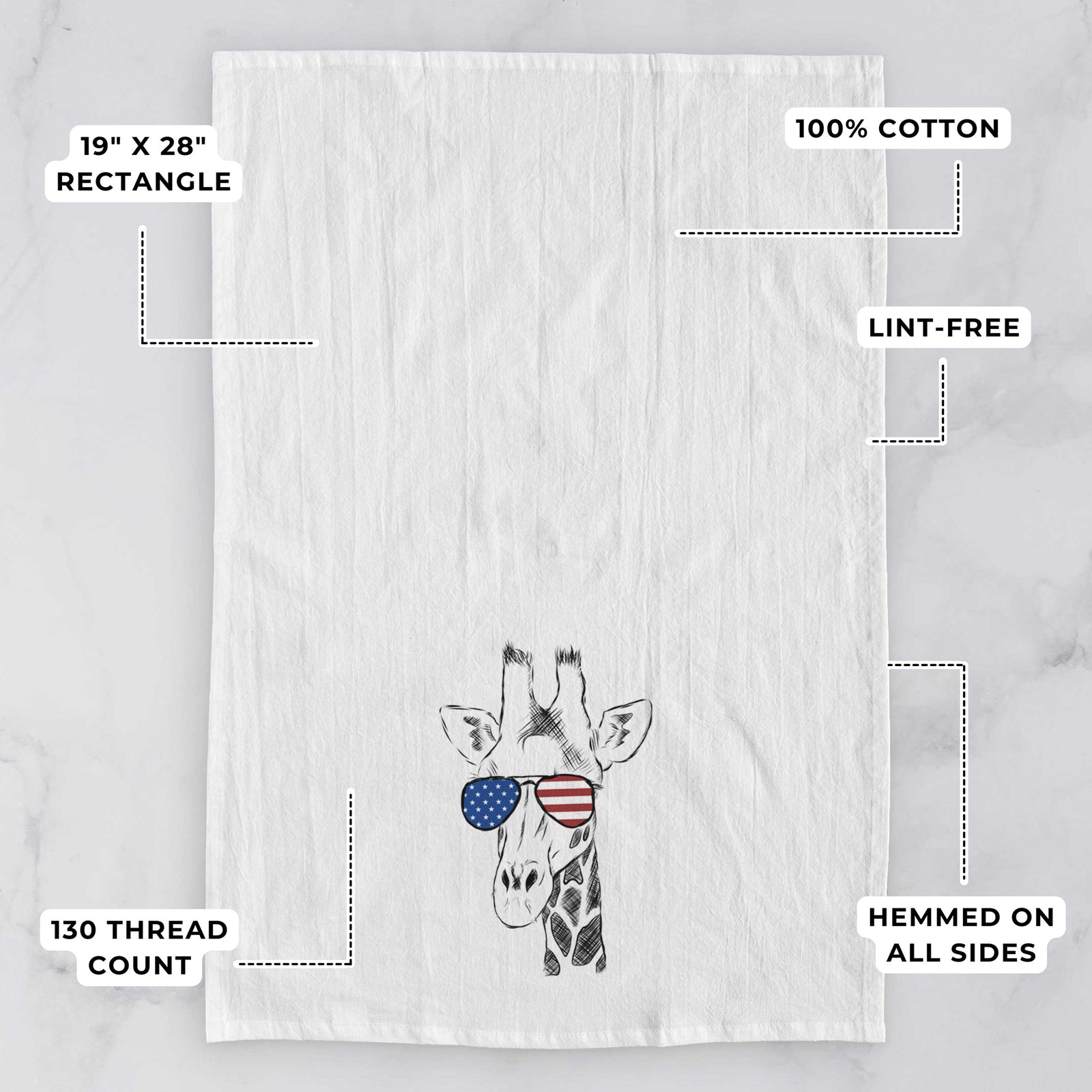Hand-drawn sketch of Geoffrey the Giraffe wearing American flag sunglasses on a tea towel, with feature callouts: 19 x 28 inch rectangle, 100% cotton, lint-free, 120 thread count, hemmed on all sides