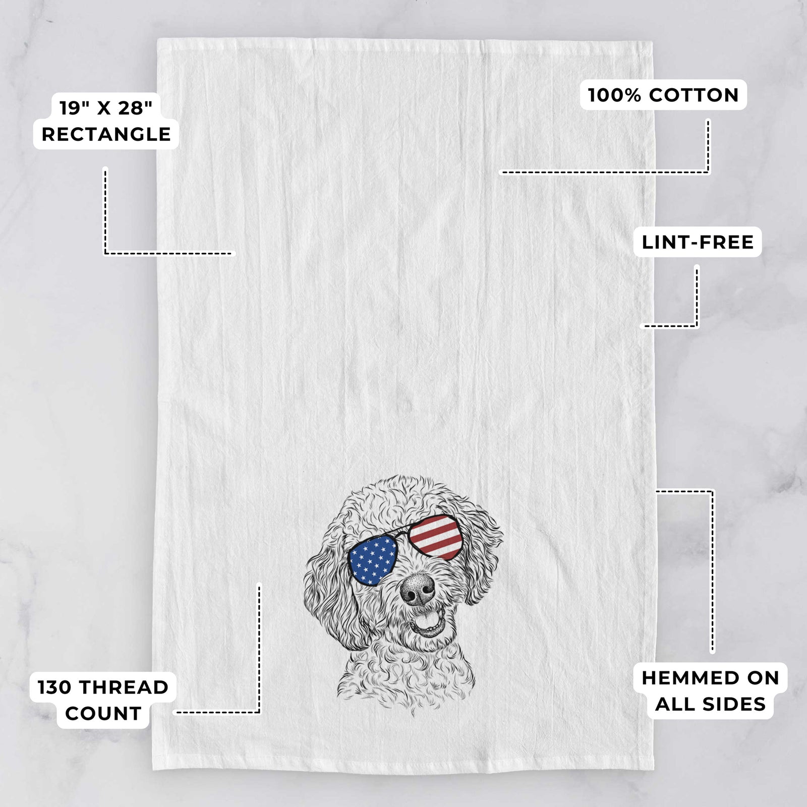Hand-drawn sketch of Gizmo the Goldendoodle wearing American flag sunglasses on a tea towel, with feature callouts: 19 x 28 inch rectangle, 100% cotton, lint-free, 120 thread count, hemmed on all sides