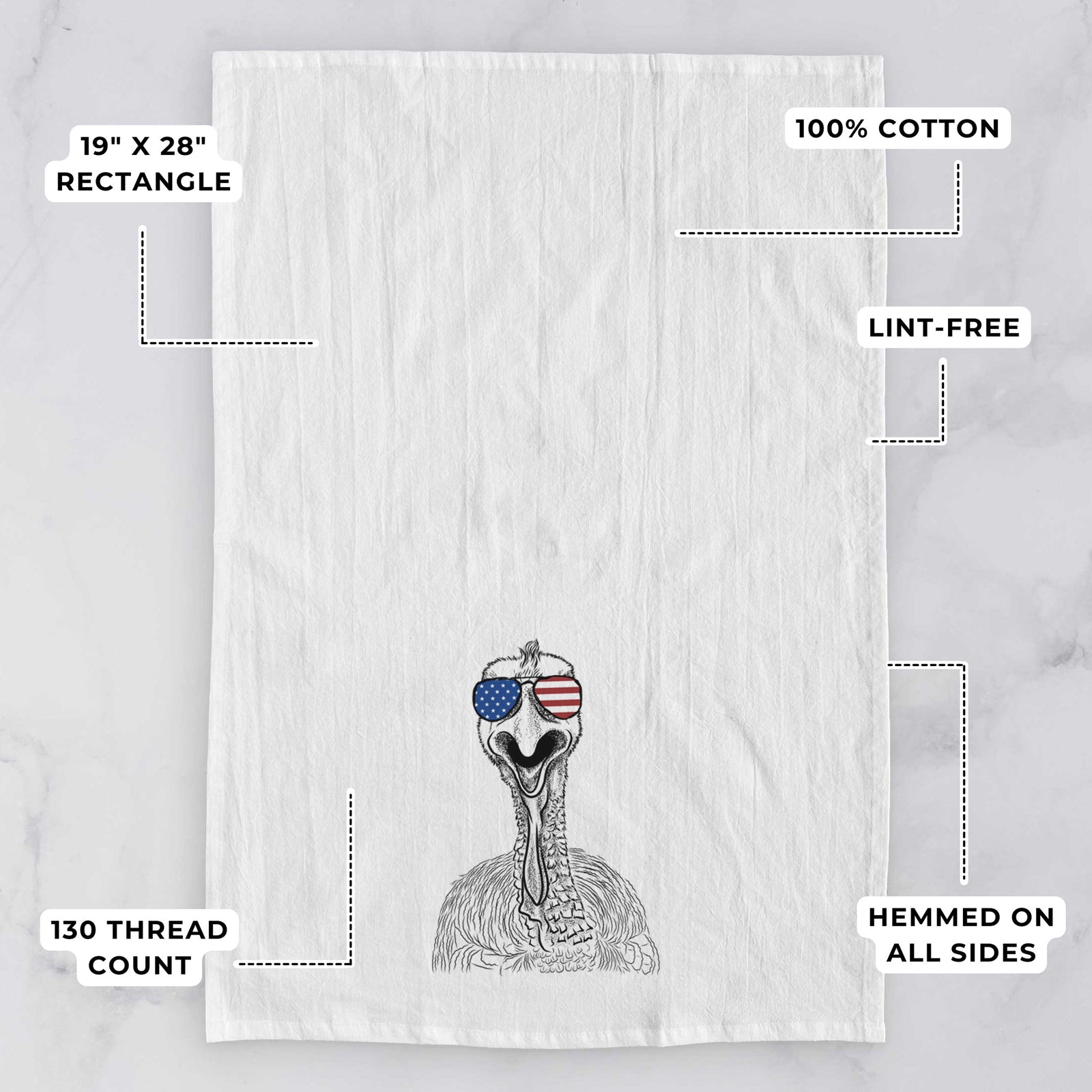 Hand-drawn sketch of Gobble the Turkey wearing American flag sunglasses on a tea towel, with feature callouts: 19 x 28 inch rectangle, 100% cotton, lint-free, 120 thread count, hemmed on all sides