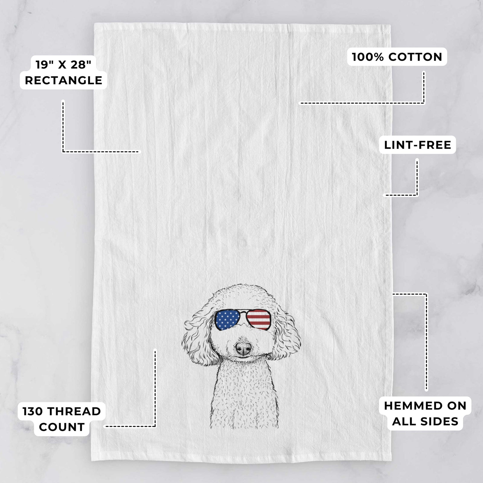 Hand-drawn sketch of Guinness the Toy Poodle Mix wearing American flag sunglasses on a tea towel, with feature callouts: 19 x 28 inch rectangle, 100% cotton, lint-free, 120 thread count, hemmed on all sides