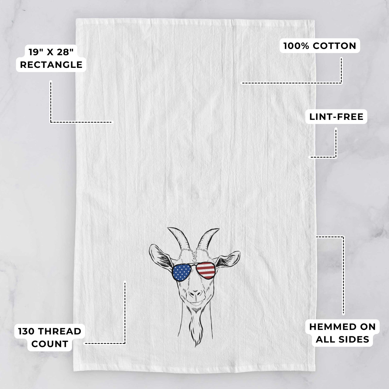 Hand-drawn sketch of Gunnar the Goat wearing American flag sunglasses on a tea towel, with feature callouts: 19 x 28 inch rectangle, 100% cotton, lint-free, 120 thread count, hemmed on all sides
