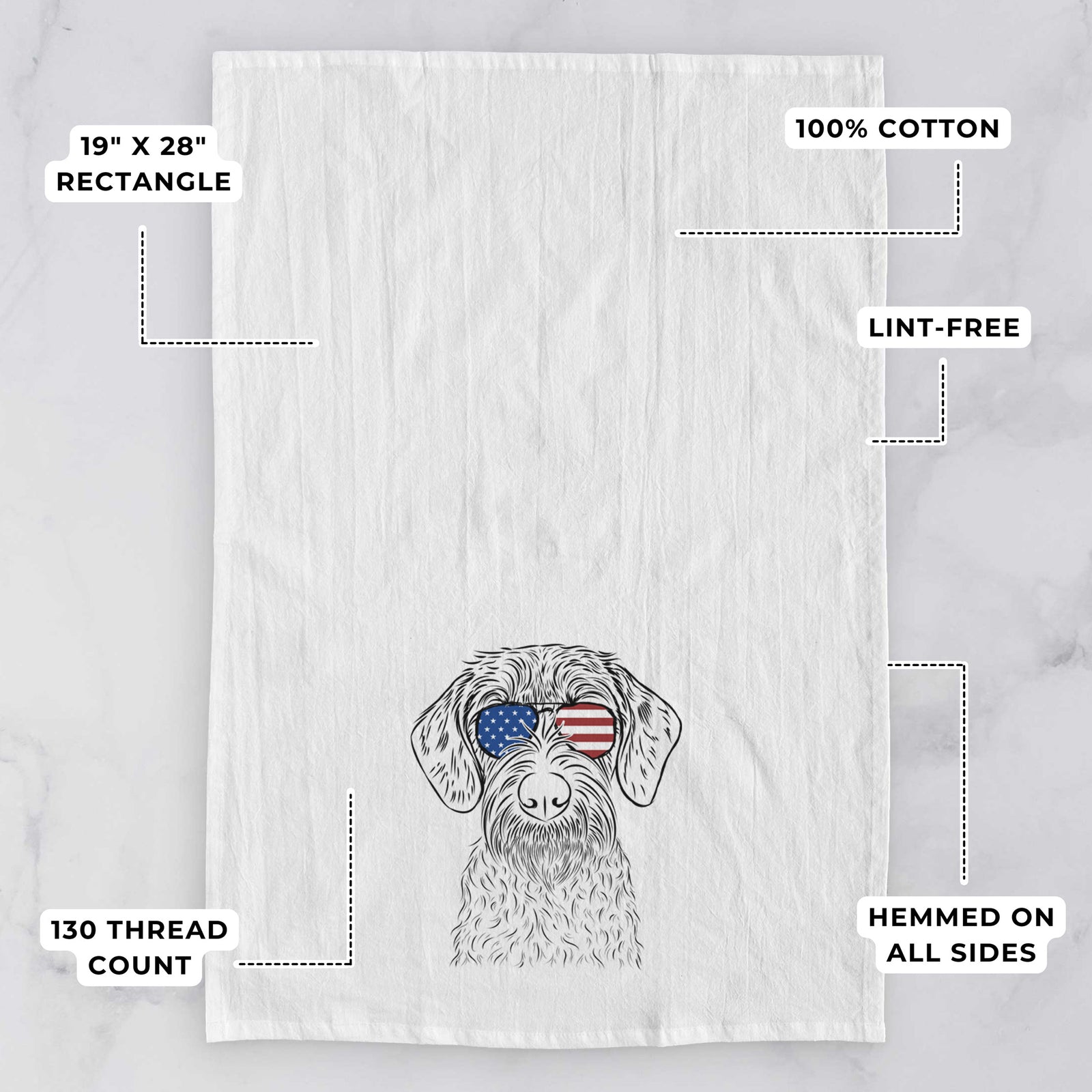 Hand-drawn sketch of Gus the German Wirehaired Pointer wearing American flag sunglasses on a tea towel, with feature callouts: 19 x 28 inch rectangle, 100% cotton, lint-free, 120 thread count, hemmed on all sides