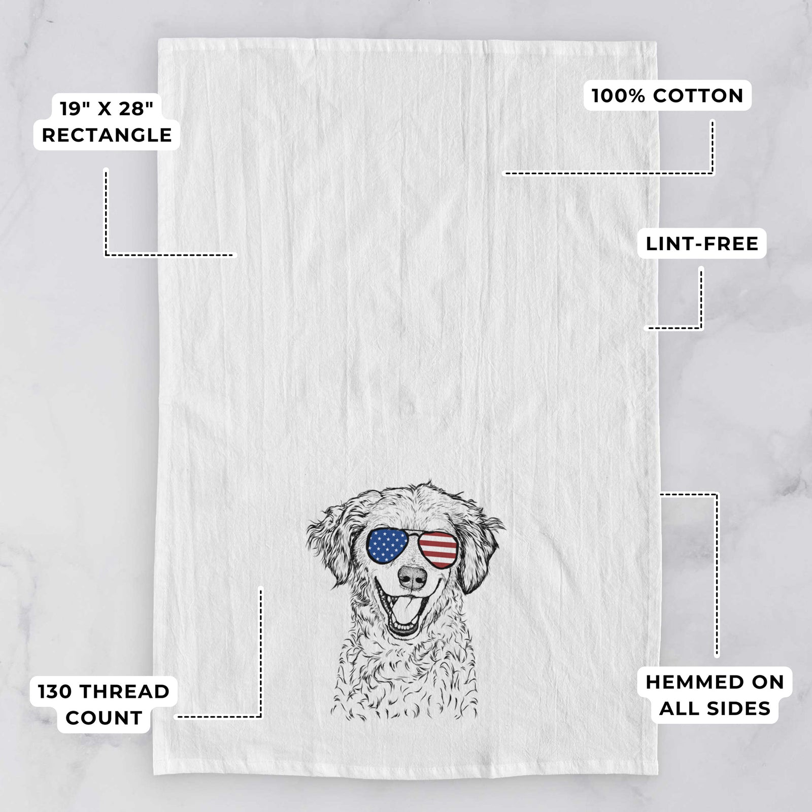 Hand-drawn sketch of Happy Otis the Miniature Goldendoodle wearing American flag sunglasses on a tea towel, with feature callouts: 19 x 28 inch rectangle, 100% cotton, lint-free, 120 thread count, hemmed on all sides