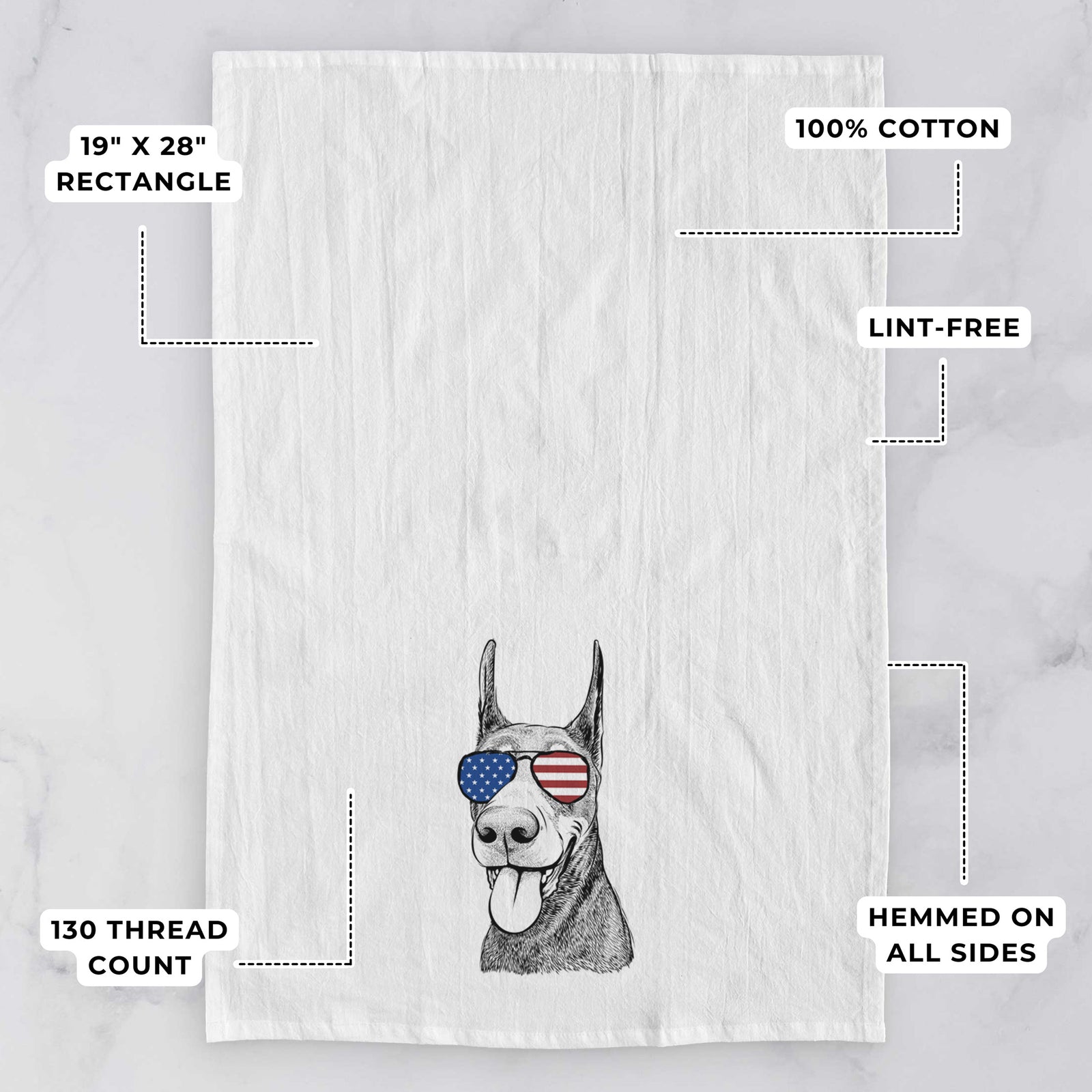 Hand-drawn sketch of Happy Sunny the Doberman Pinscher wearing American flag sunglasses on a tea towel, with feature callouts: 19 x 28 inch rectangle, 100% cotton, lint-free, 120 thread count, hemmed on all sides
