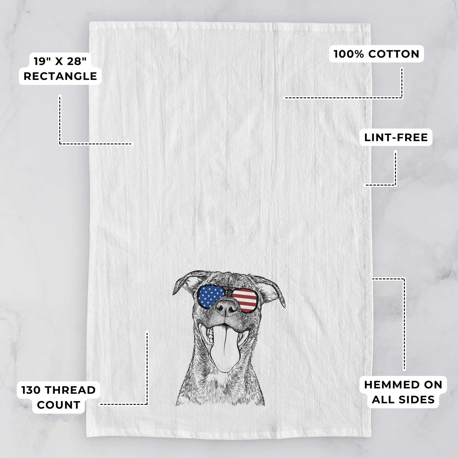 Hand-drawn sketch of Harley the Pitbull Mix wearing American flag sunglasses on a tea towel, with feature callouts: 19 x 28 inch rectangle, 100% cotton, lint-free, 120 thread count, hemmed on all sides