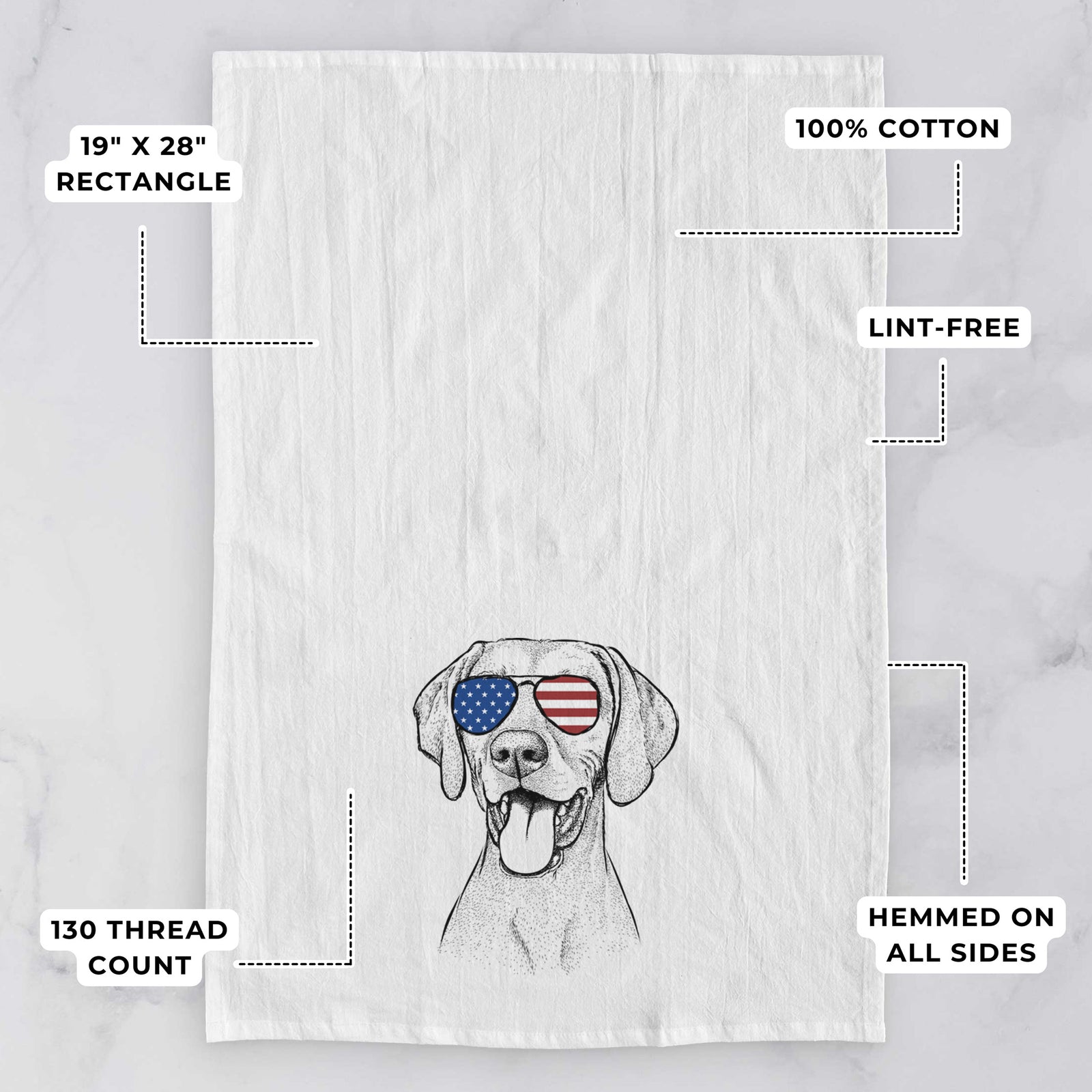 Hand-drawn sketch of Harper the Vizsla wearing American flag sunglasses on a tea towel, with feature callouts: 19 x 28 inch rectangle, 100% cotton, lint-free, 120 thread count, hemmed on all sides