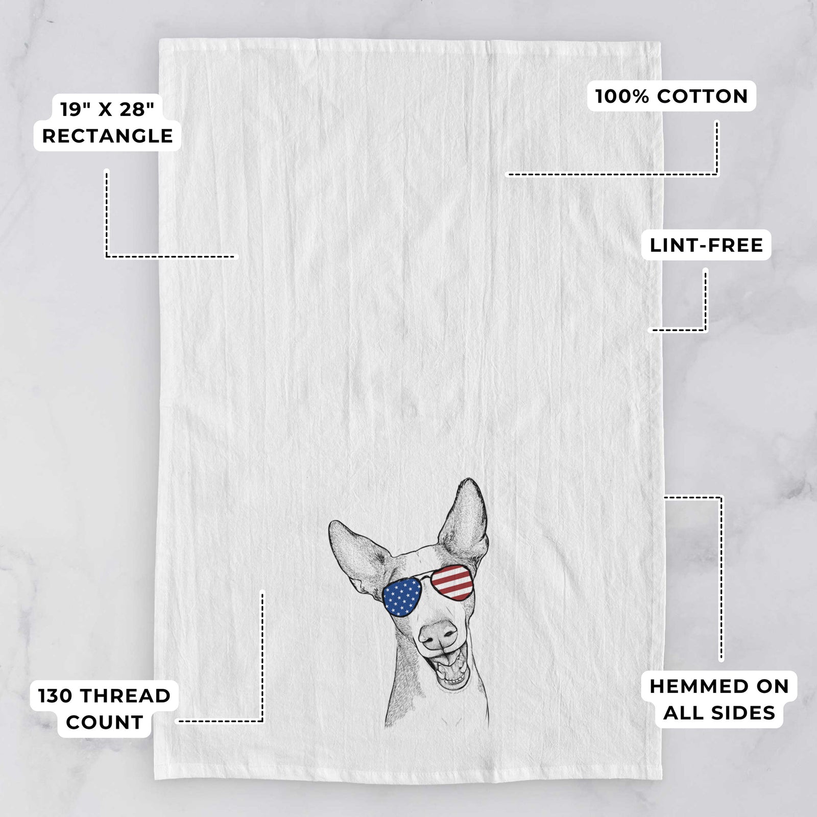 Hand-drawn sketch of Havok the Ibizan Hound wearing American flag sunglasses on a tea towel, with feature callouts: 19 x 28 inch rectangle, 100% cotton, lint-free, 120 thread count, hemmed on all sides