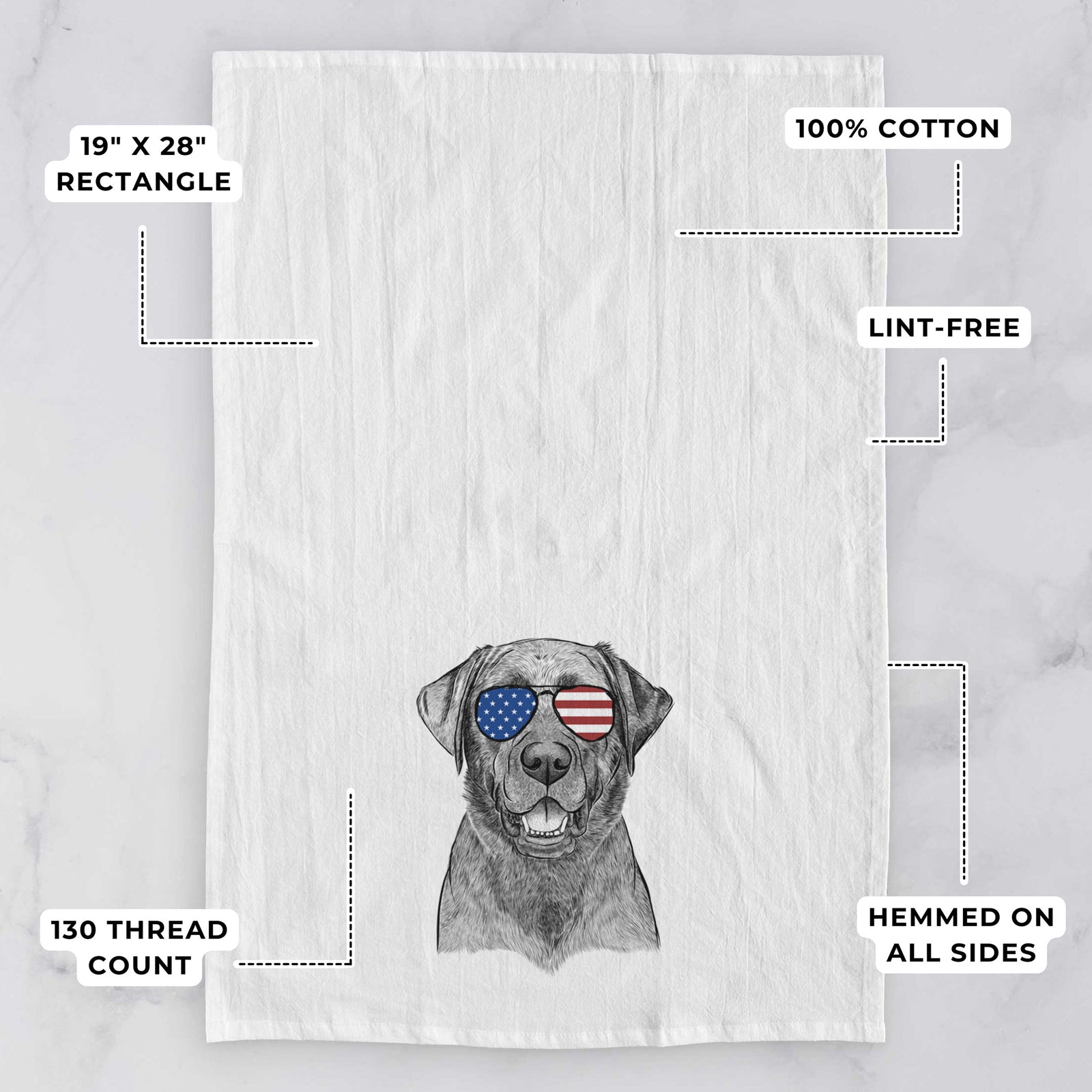 Hand-drawn sketch of Heath the Black Lab wearing American flag sunglasses on a tea towel, with feature callouts: 19 x 28 inch rectangle, 100% cotton, lint-free, 120 thread count, hemmed on all sides