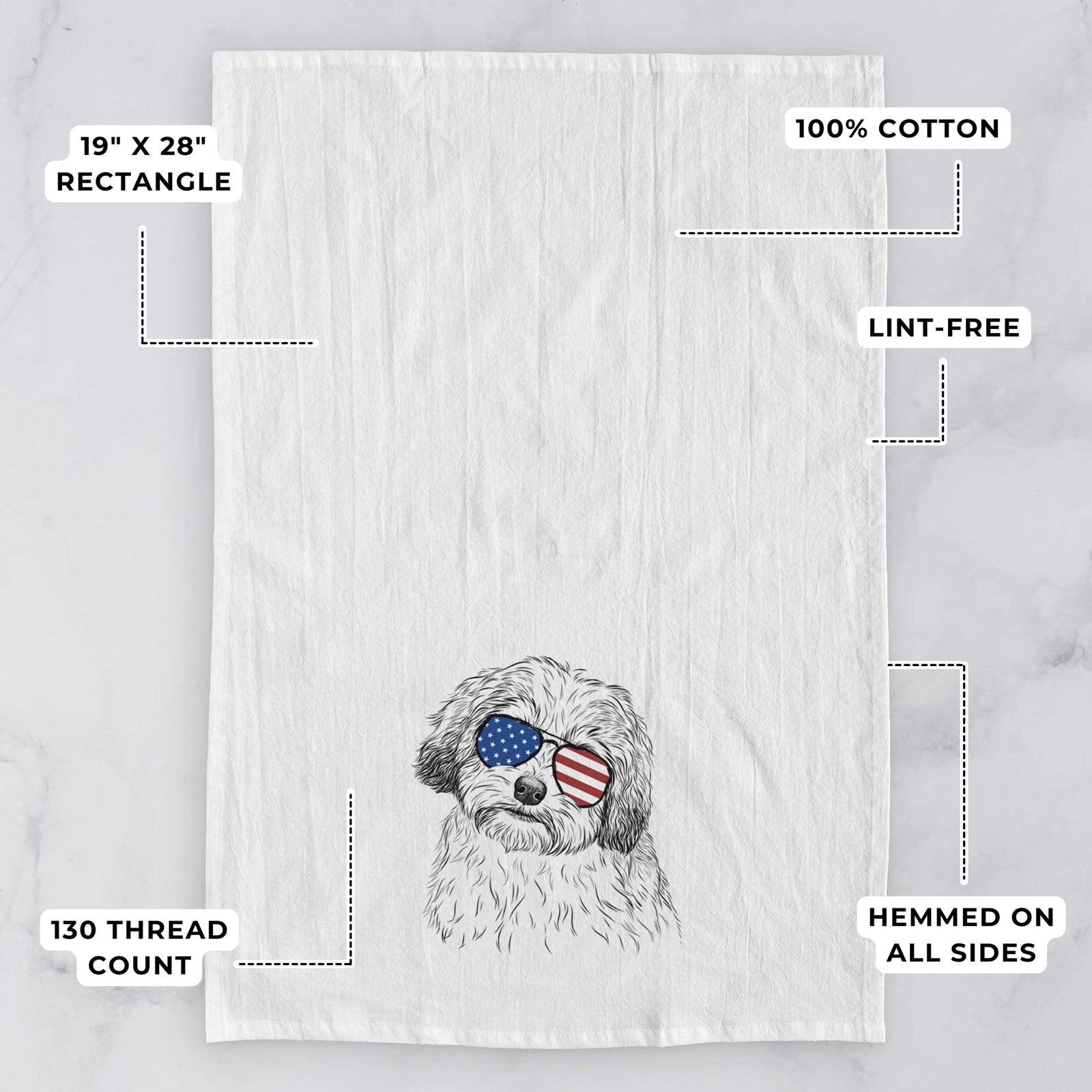 Hand-drawn sketch of Henry the Havanese wearing American flag sunglasses on a tea towel, with feature callouts: 19 x 28 inch rectangle, 100% cotton, lint-free, 120 thread count, hemmed on all sides