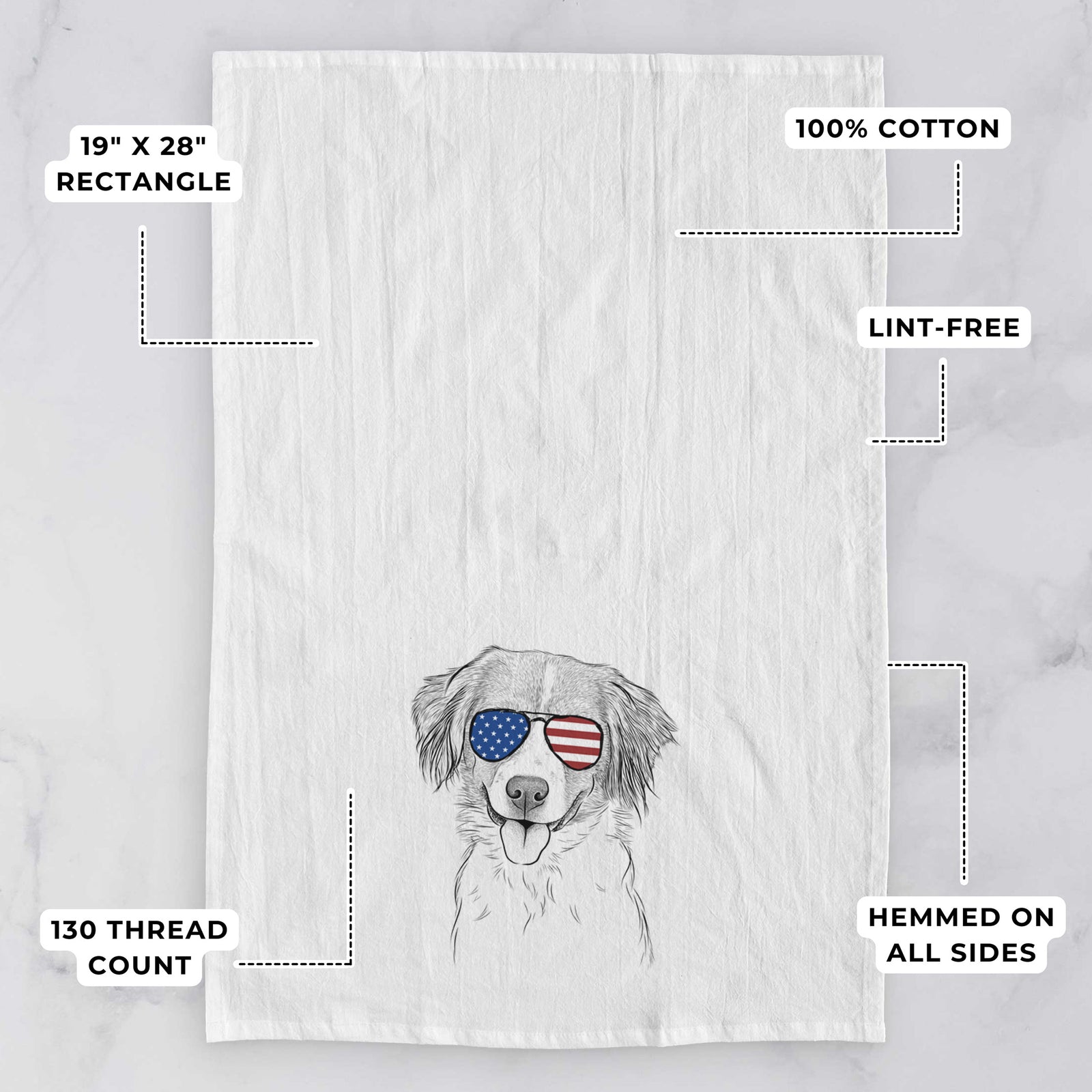 Hand-drawn sketch of Hercules the Nederlandse Kooikerhondje wearing American flag sunglasses on a tea towel, with feature callouts: 19 x 28 inch rectangle, 100% cotton, lint-free, 120 thread count, hemmed on all sides