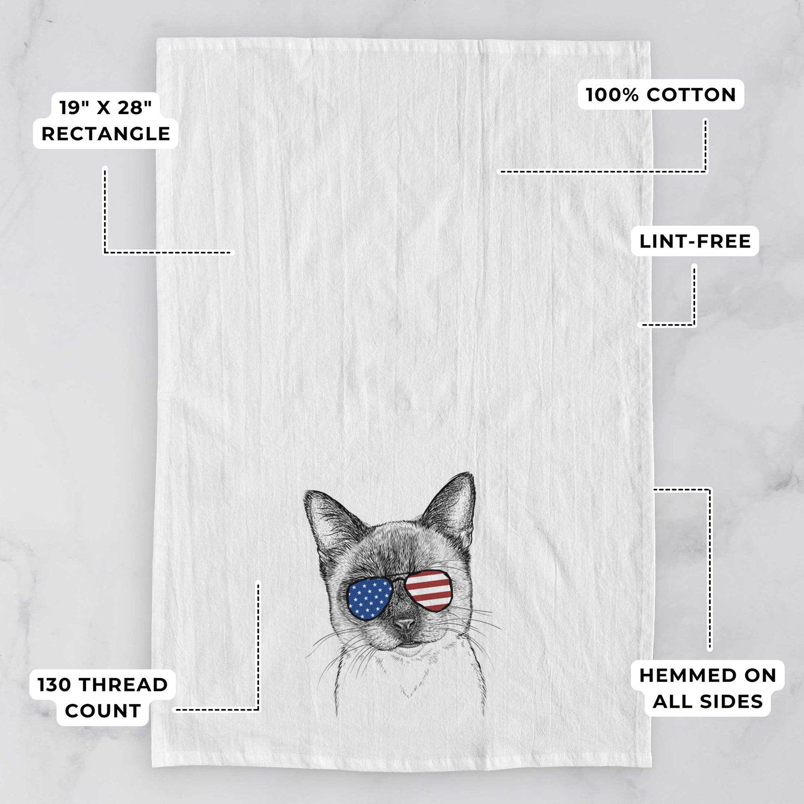 Hand-drawn sketch of Hoggle the Siamese Cat wearing American flag sunglasses on a tea towel, with feature callouts: 19 x 28 inch rectangle, 100% cotton, lint-free, 120 thread count, hemmed on all sides