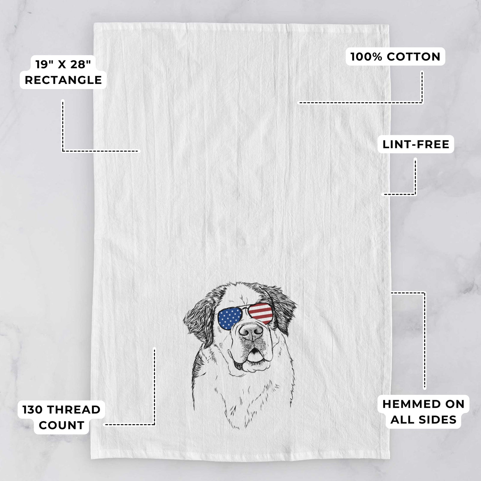 Hand-drawn sketch of Hook the Saint Bernard wearing American flag sunglasses on a tea towel, with feature callouts: 19 x 28 inch rectangle, 100% cotton, lint-free, 120 thread count, hemmed on all sides