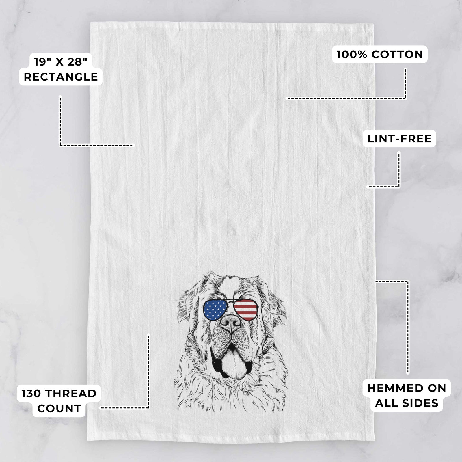 Hand-drawn sketch of Hoss the Saint Bernard wearing American flag sunglasses on a tea towel, with feature callouts: 19 x 28 inch rectangle, 100% cotton, lint-free, 120 thread count, hemmed on all sides
