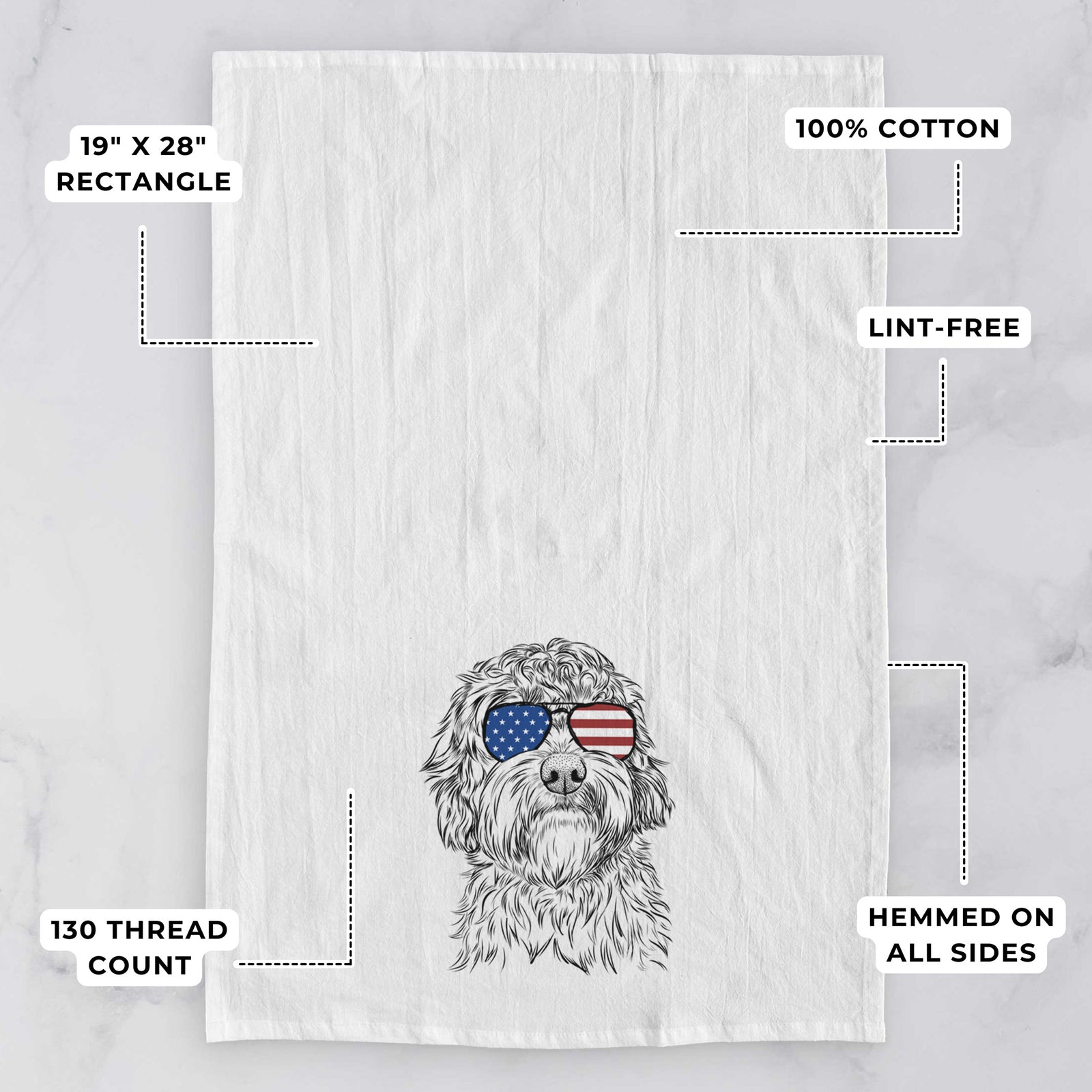 Hand-drawn sketch of Huckleberry the Australian Labradoodle wearing American flag sunglasses on a tea towel, with feature callouts: 19 x 28 inch rectangle, 100% cotton, lint-free, 120 thread count, hemmed on all sides