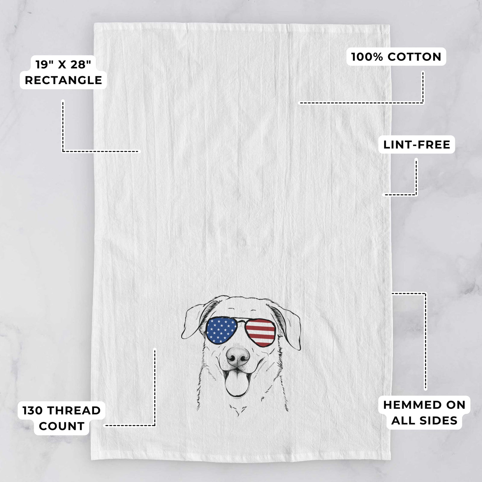 Hand-drawn sketch of Hudson the Shepherd wearing American flag sunglasses on a tea towel, with feature callouts: 19 x 28 inch rectangle, 100% cotton, lint-free, 120 thread count, hemmed on all sides