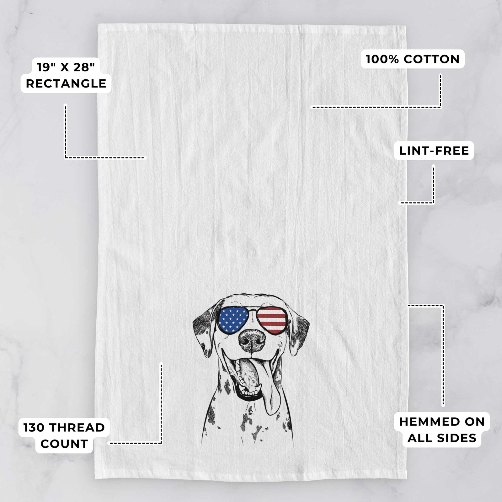 Hand-drawn sketch of Hydro the Dalmatian wearing American flag sunglasses on a tea towel, with feature callouts: 19 x 28 inch rectangle, 100% cotton, lint-free, 120 thread count, hemmed on all sides