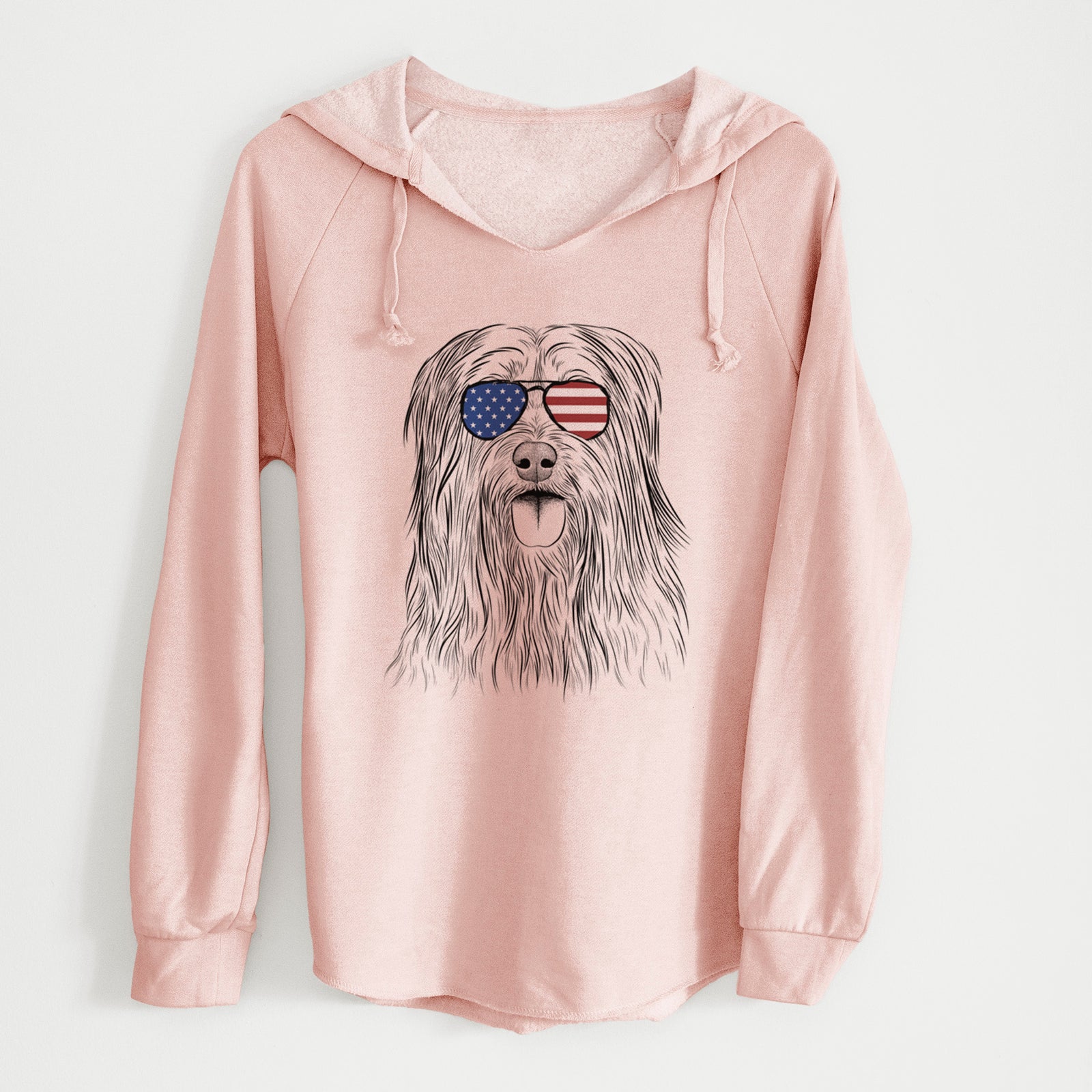 Hand-drawn sketch of Indy the Korean Sapsali wearing American flag sunglasses on a Blush Cali Wave Hooded Sweatshirt