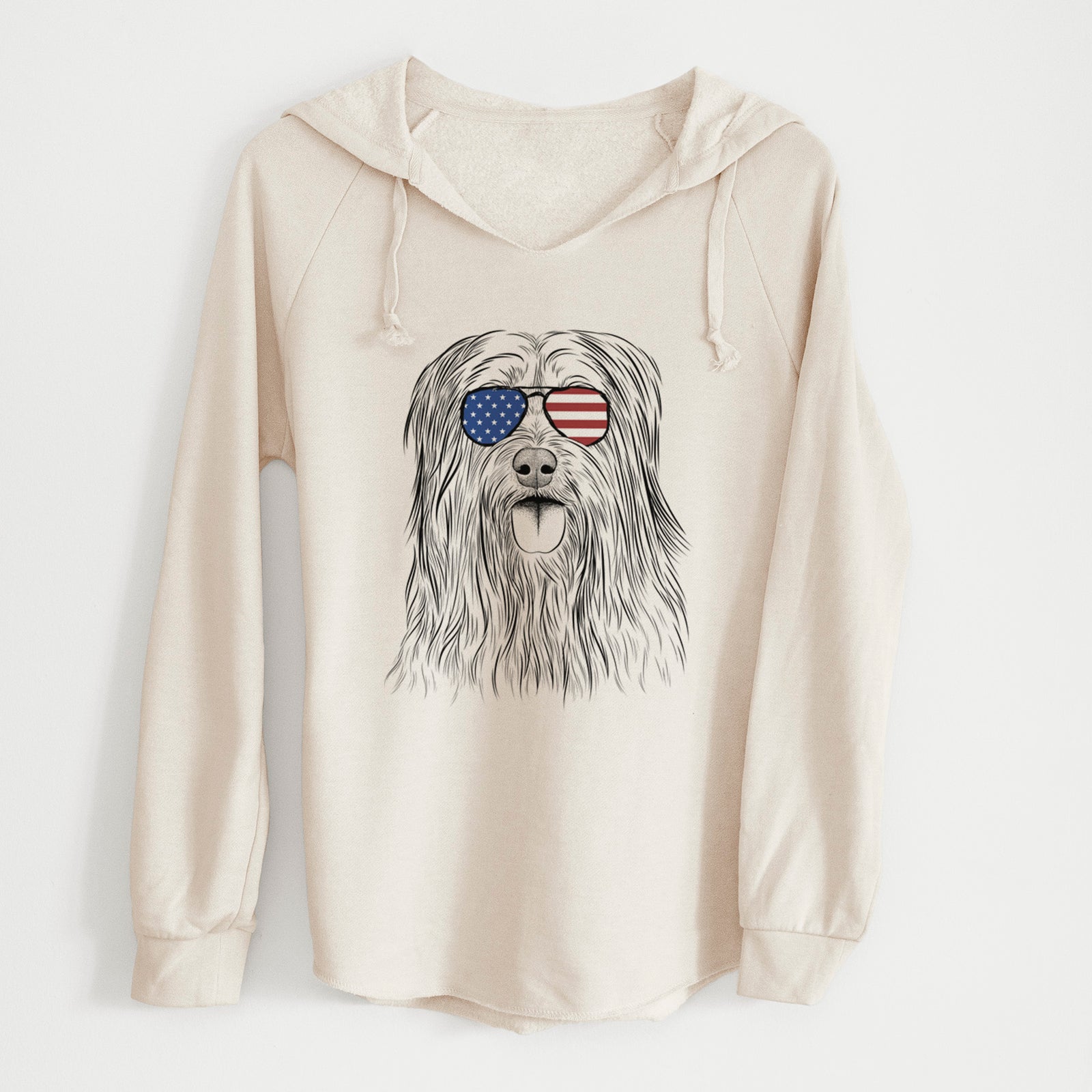 Hand-drawn sketch of Indy the Korean Sapsali wearing American flag sunglasses on a Bone Cali Wave Hooded Sweatshirt