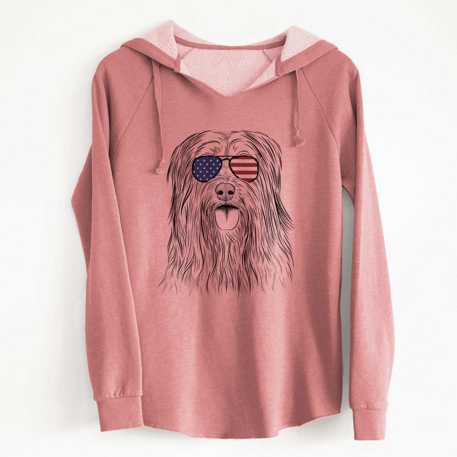 Hand-drawn sketch of Indy the Korean Sapsali wearing American flag sunglasses on a Dusty Rose Cali Wave Hooded Sweatshirt
