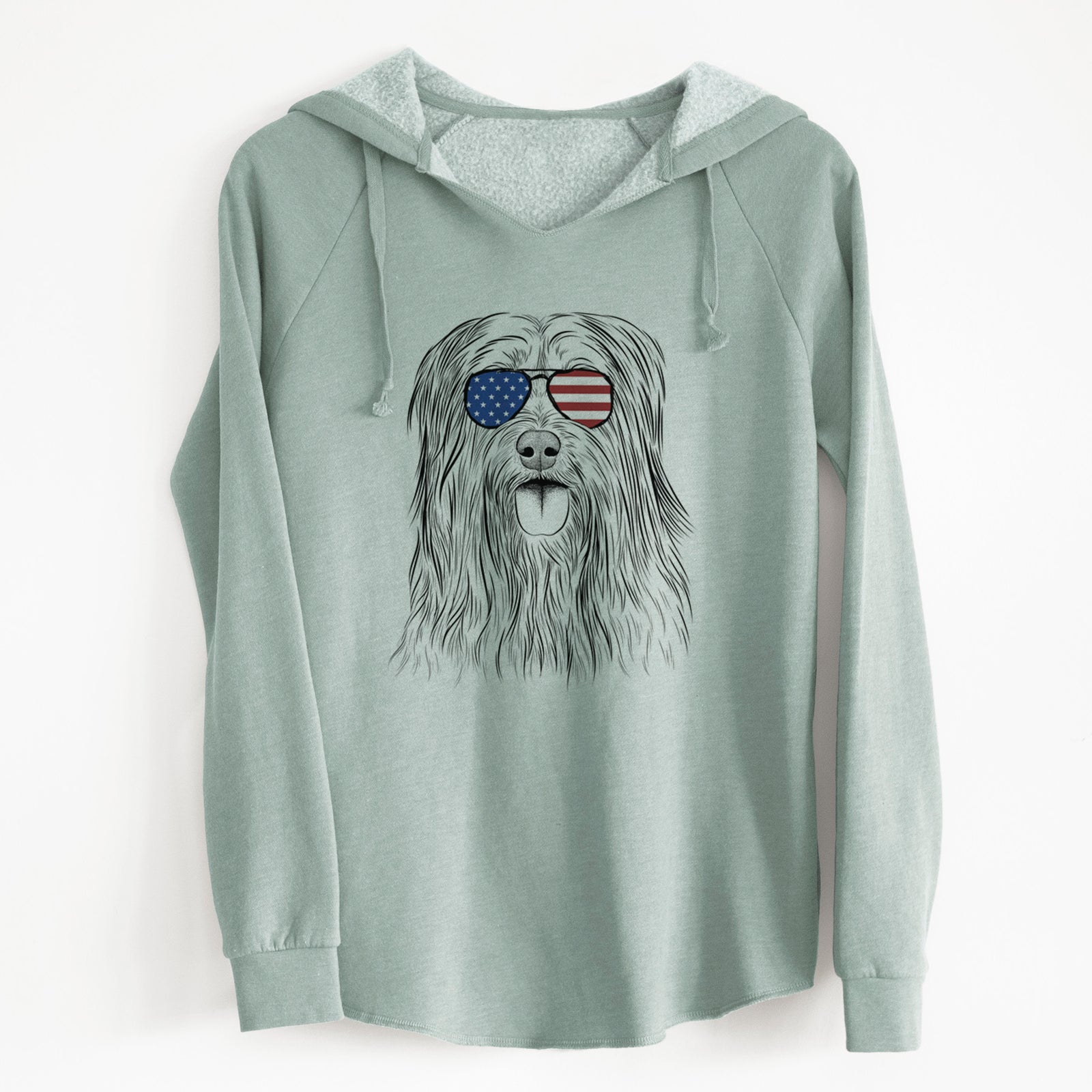 Hand-drawn sketch of Indy the Korean Sapsali wearing American flag sunglasses on a Sage Cali Wave Hooded Sweatshirt