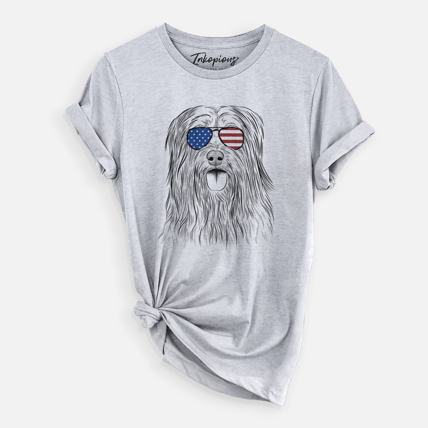 Hand-drawn sketch of Indy the Korean Sapsali wearing American flag sunglasses on a Grey Unisex crewneck