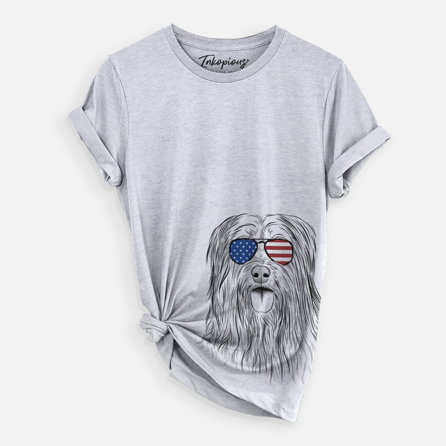 Hand-drawn sketch of Indy the Korean Sapsali wearing American flag sunglasses on a Grey Unisex crewneck