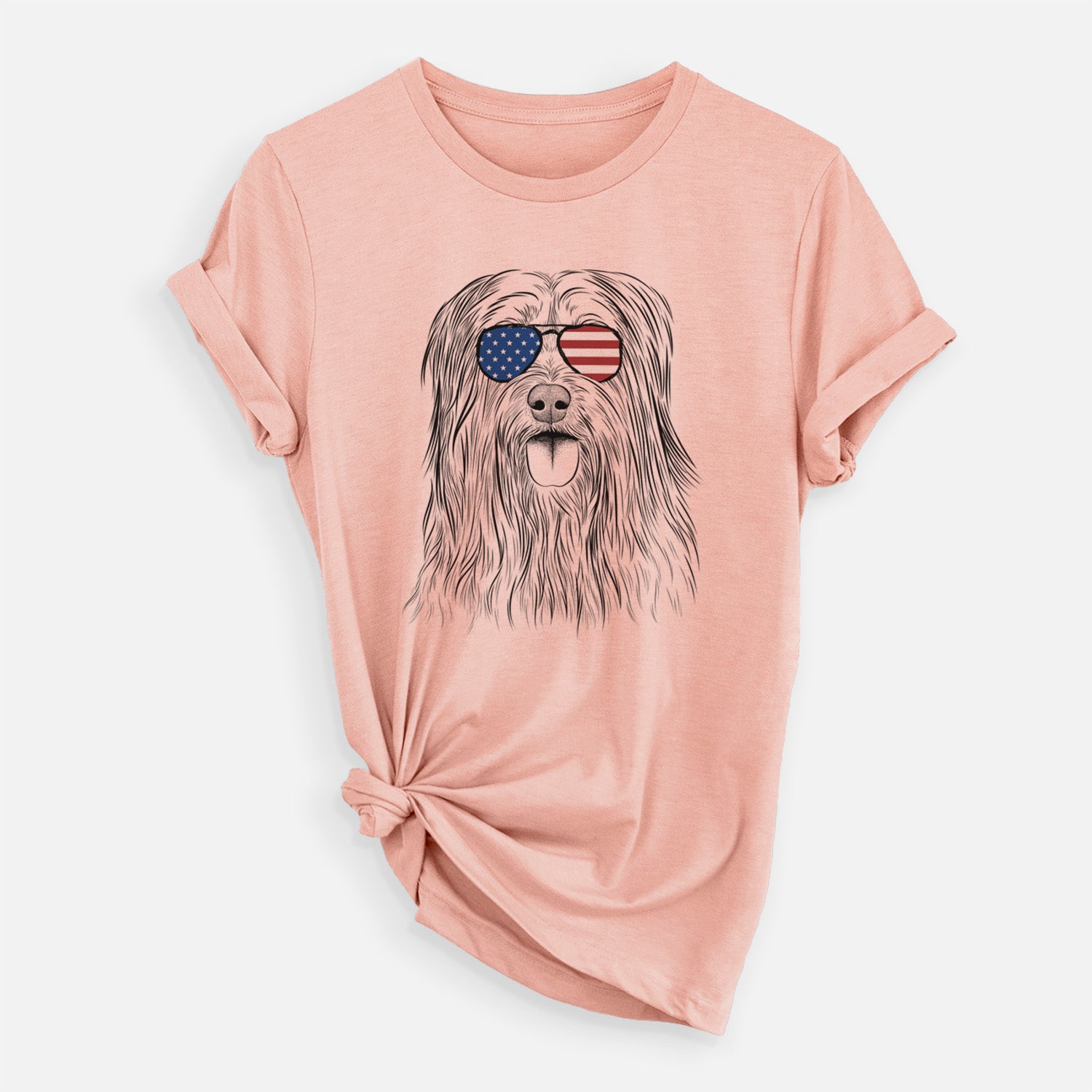 Hand-drawn sketch of Indy the Korean Sapsali wearing American flag sunglasses on a Peach Unisex crewneck