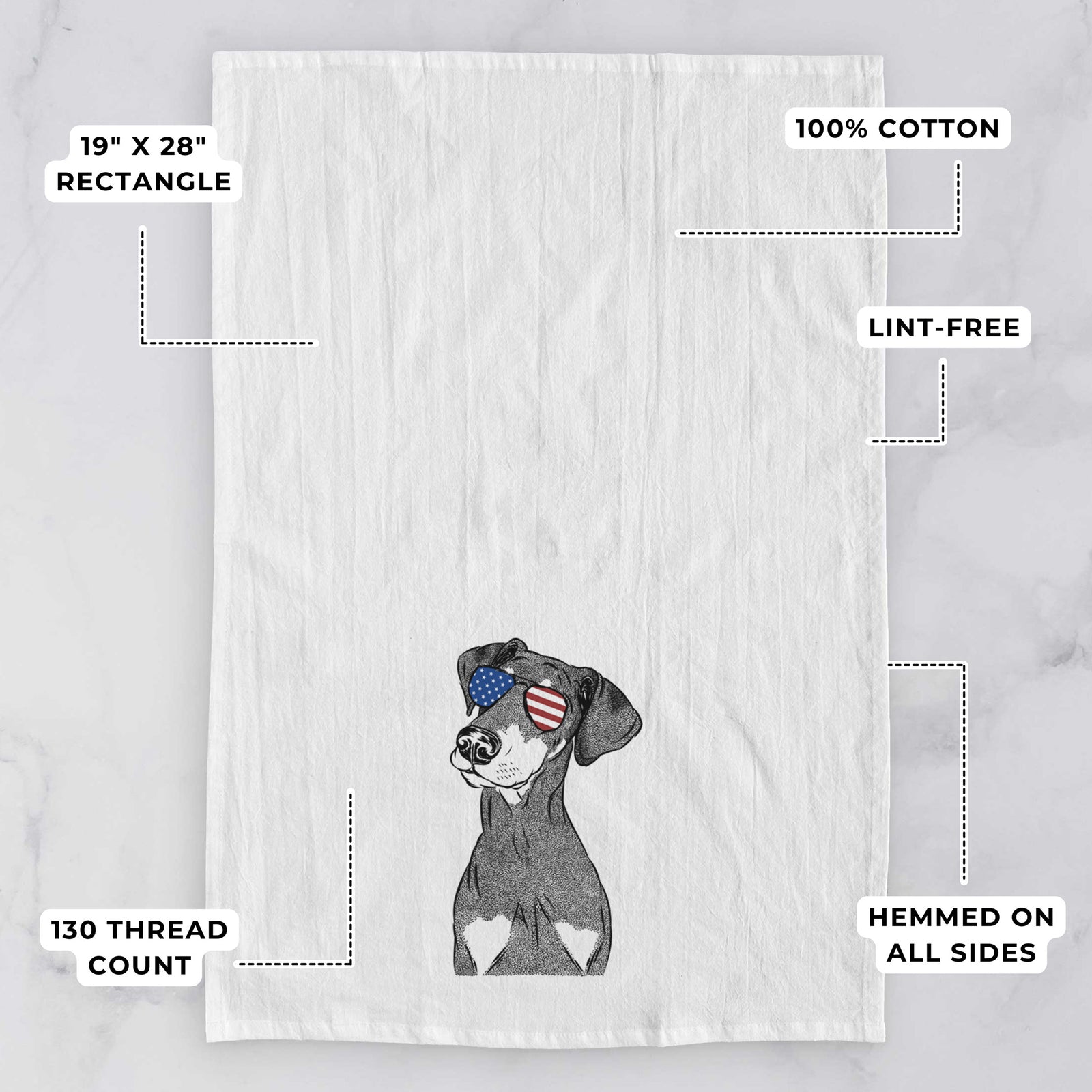 Hand-drawn sketch of Iroh the Doberman Pinscher wearing American flag sunglasses on a tea towel, with feature callouts: 19 x 28 inch rectangle, 100% cotton, lint-free, 120 thread count, hemmed on all sides