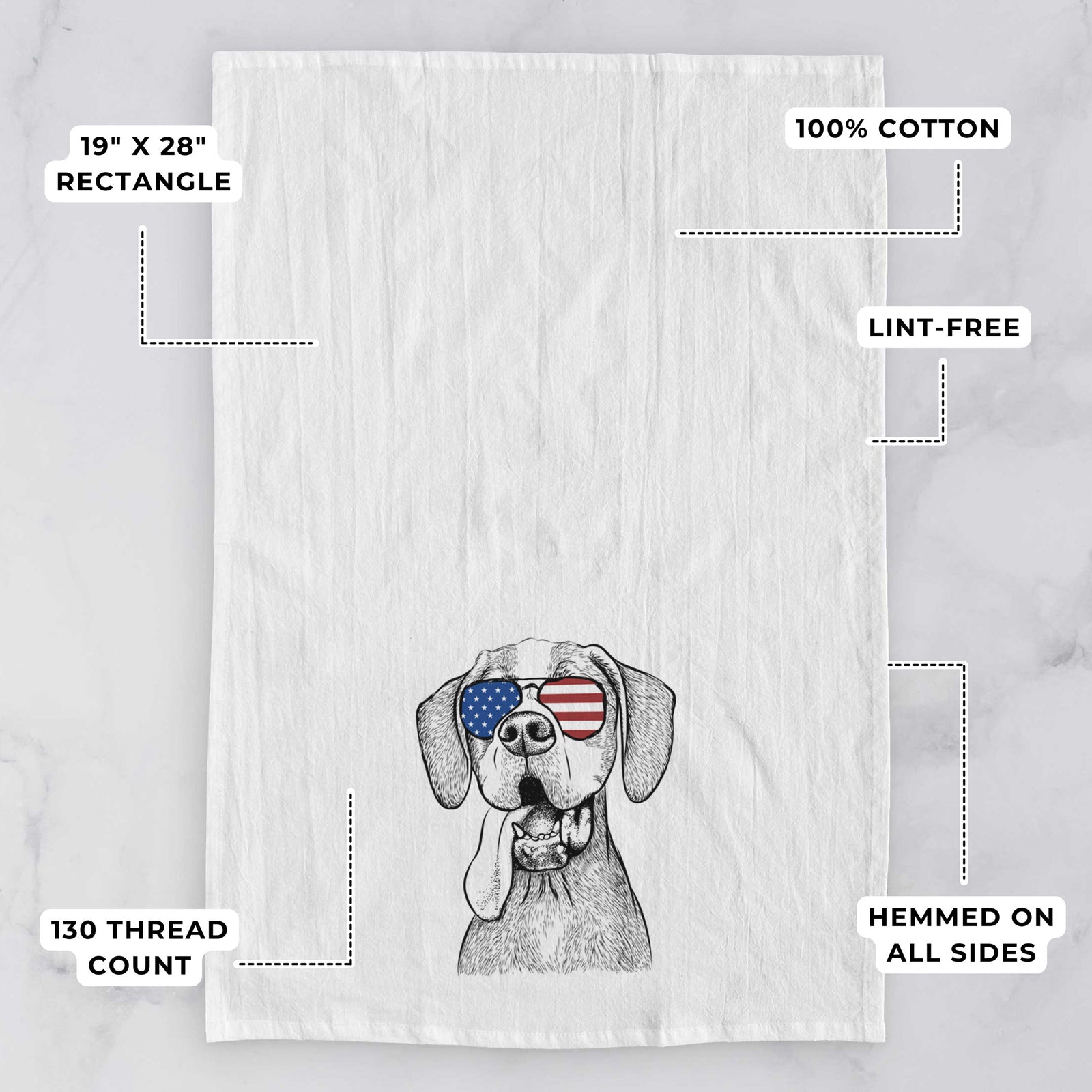 Hand-drawn sketch of Irwin the English Pointer wearing American flag sunglasses on a tea towel, with feature callouts: 19 x 28 inch rectangle, 100% cotton, lint-free, 120 thread count, hemmed on all sides