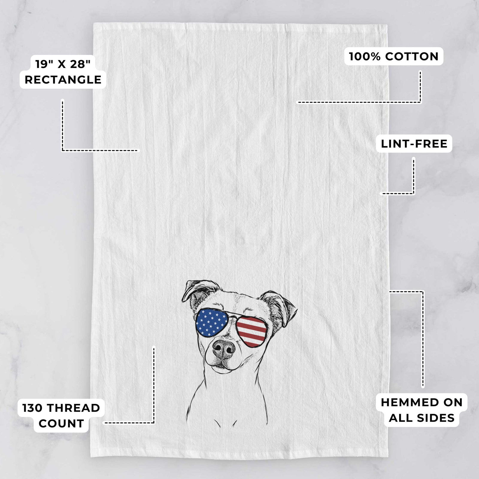 Hand-drawn sketch of Izzy the Chiweenie wearing American flag sunglasses on a tea towel, with feature callouts: 19 x 28 inch rectangle, 100% cotton, lint-free, 120 thread count, hemmed on all sides