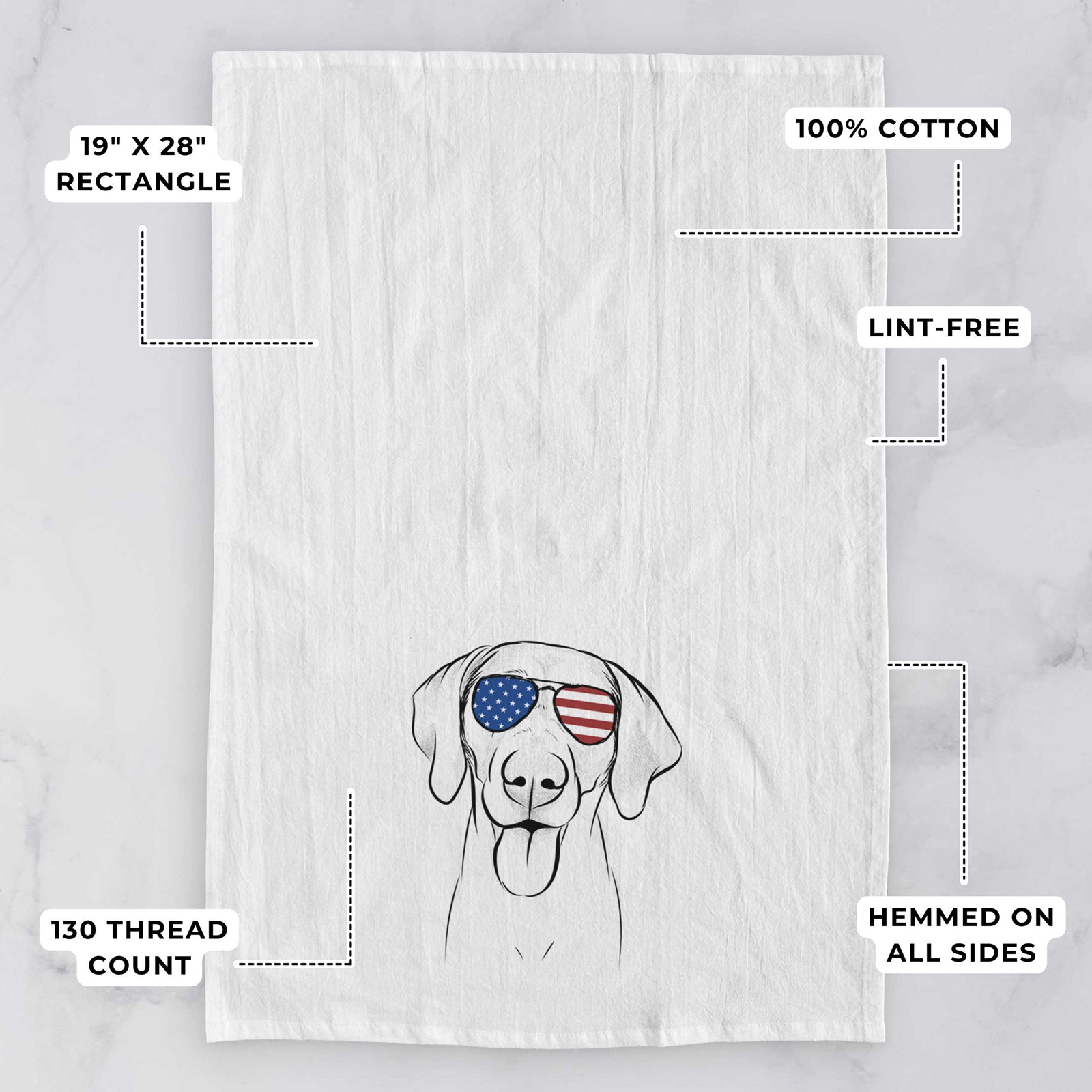 Hand-drawn sketch of Jackson the Weimaraner wearing American flag sunglasses on a tea towel, with feature callouts: 19 x 28 inch rectangle, 100% cotton, lint-free, 120 thread count, hemmed on all sides