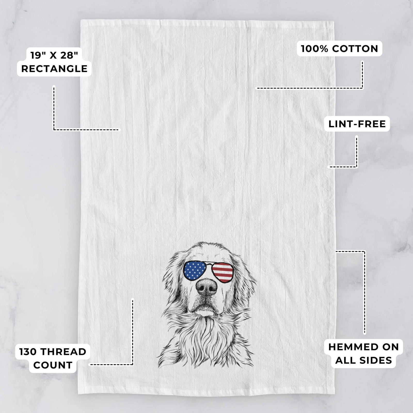 Hand-drawn sketch of Jake aroni the Golden Retriever wearing American flag sunglasses on a tea towel, with feature callouts: 19 x 28 inch rectangle, 100% cotton, lint-free, 120 thread count, hemmed on all sides