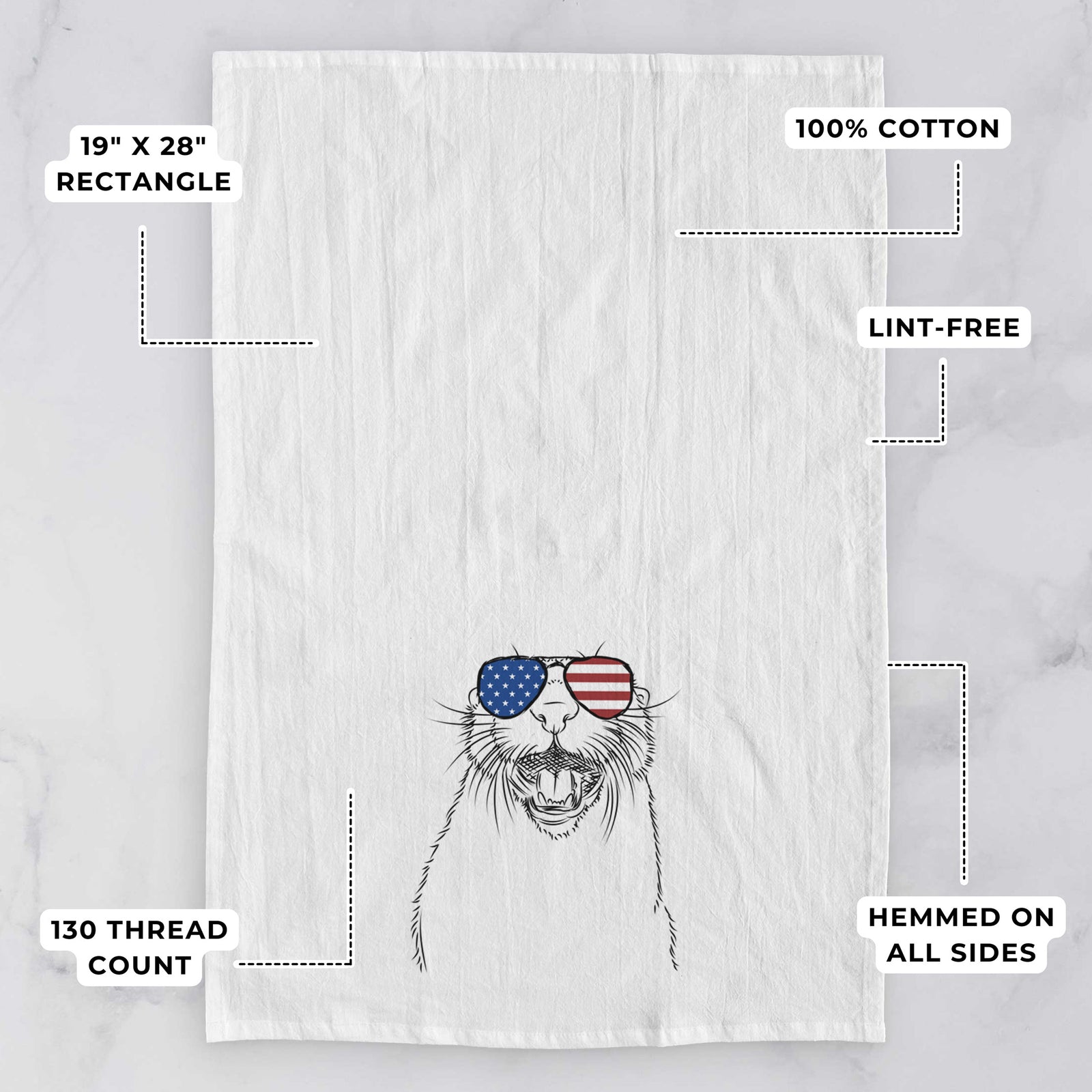 Hand-drawn sketch of Jasper the River Otter wearing American flag sunglasses on a tea towel, with feature callouts: 19 x 28 inch rectangle, 100% cotton, lint-free, 120 thread count, hemmed on all sides