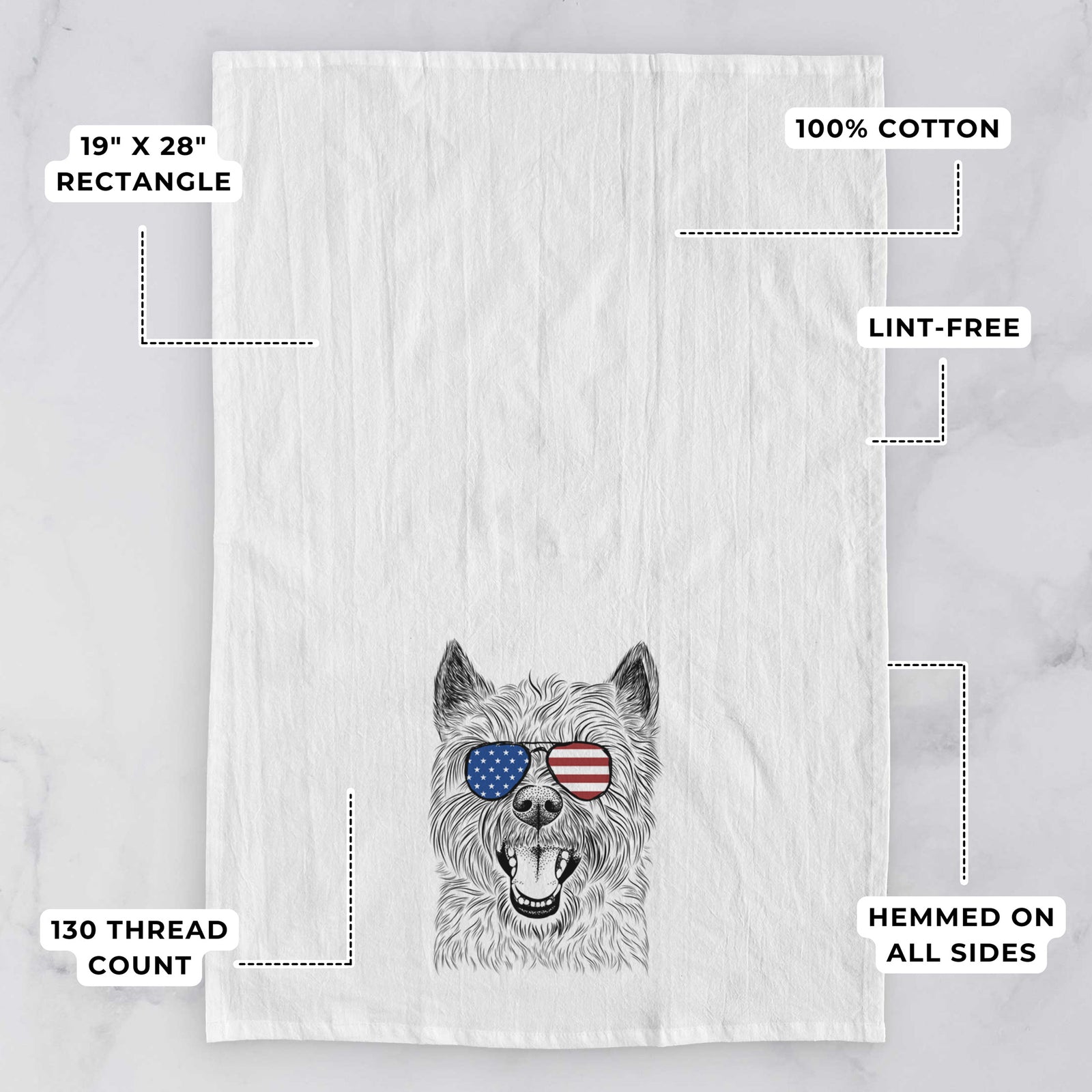 Hand-drawn sketch of Jeff the Cairn Terrier wearing American flag sunglasses on a tea towel, with feature callouts: 19 x 28 inch rectangle, 100% cotton, lint-free, 120 thread count, hemmed on all sides