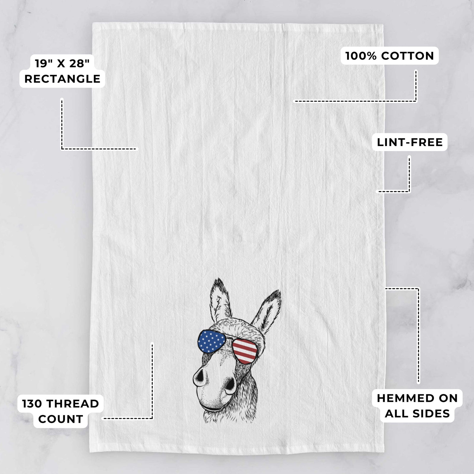 Hand-drawn sketch of Jenny the Donkey wearing American flag sunglasses on a tea towel, with feature callouts: 19 x 28 inch rectangle, 100% cotton, lint-free, 120 thread count, hemmed on all sides
