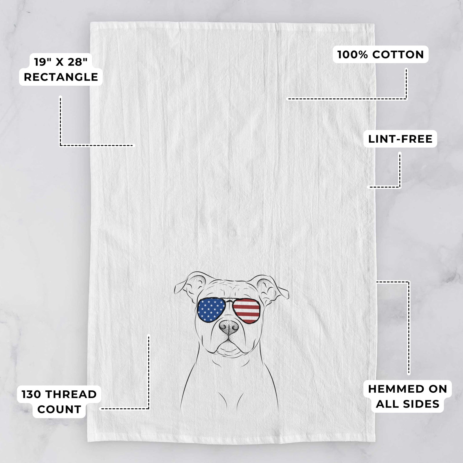 Hand-drawn sketch of Jethro the American Staffordshire Terrier wearing American flag sunglasses on a tea towel, with feature callouts: 19 x 28 inch rectangle, 100% cotton, lint-free, 120 thread count, hemmed on all sides