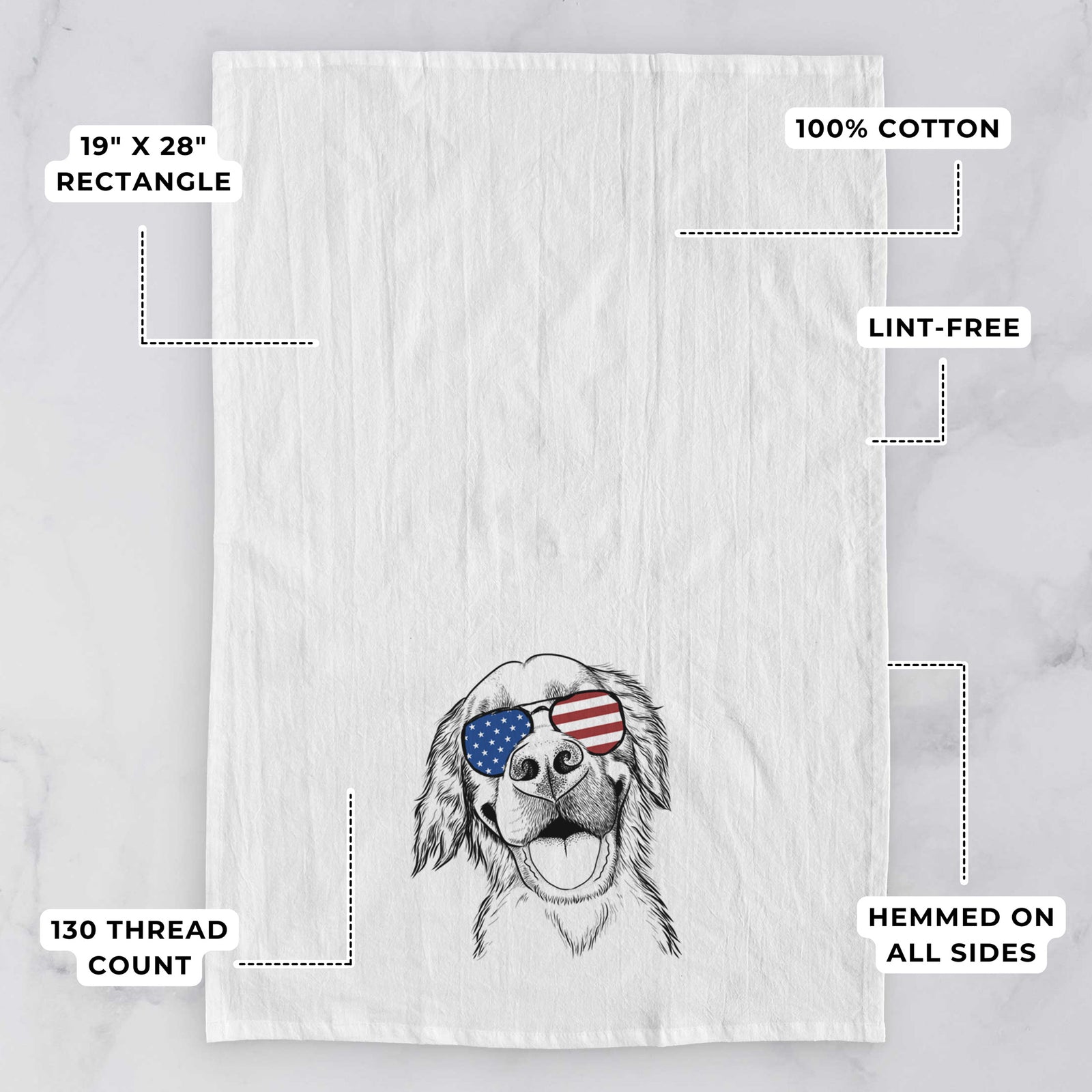 Hand-drawn sketch of Jordy the Golden Retriever wearing American flag sunglasses on a tea towel, with feature callouts: 19 x 28 inch rectangle, 100% cotton, lint-free, 120 thread count, hemmed on all sides