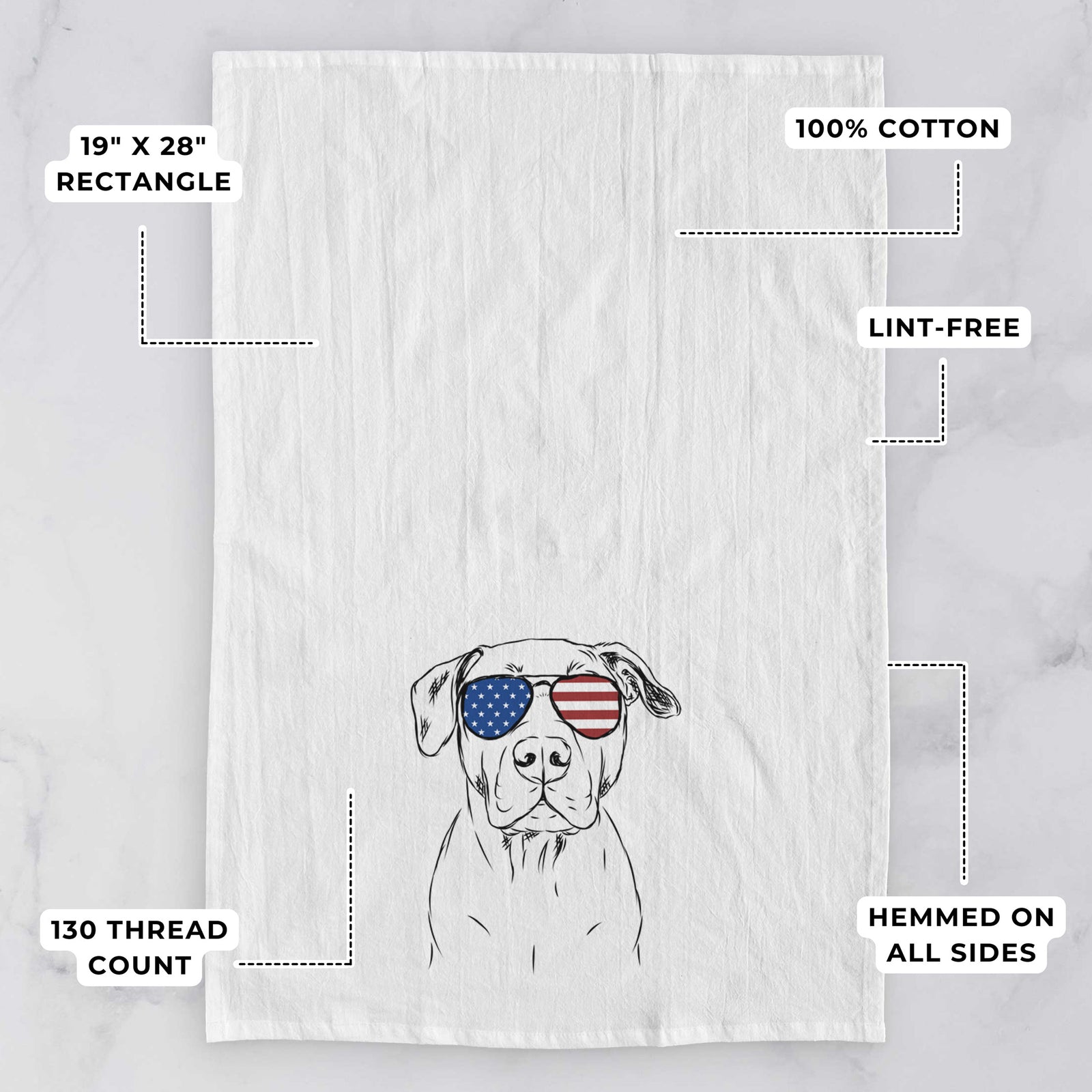 Hand-drawn sketch of Kadin the Pitbull wearing American flag sunglasses on a tea towel, with feature callouts: 19 x 28 inch rectangle, 100% cotton, lint-free, 120 thread count, hemmed on all sides