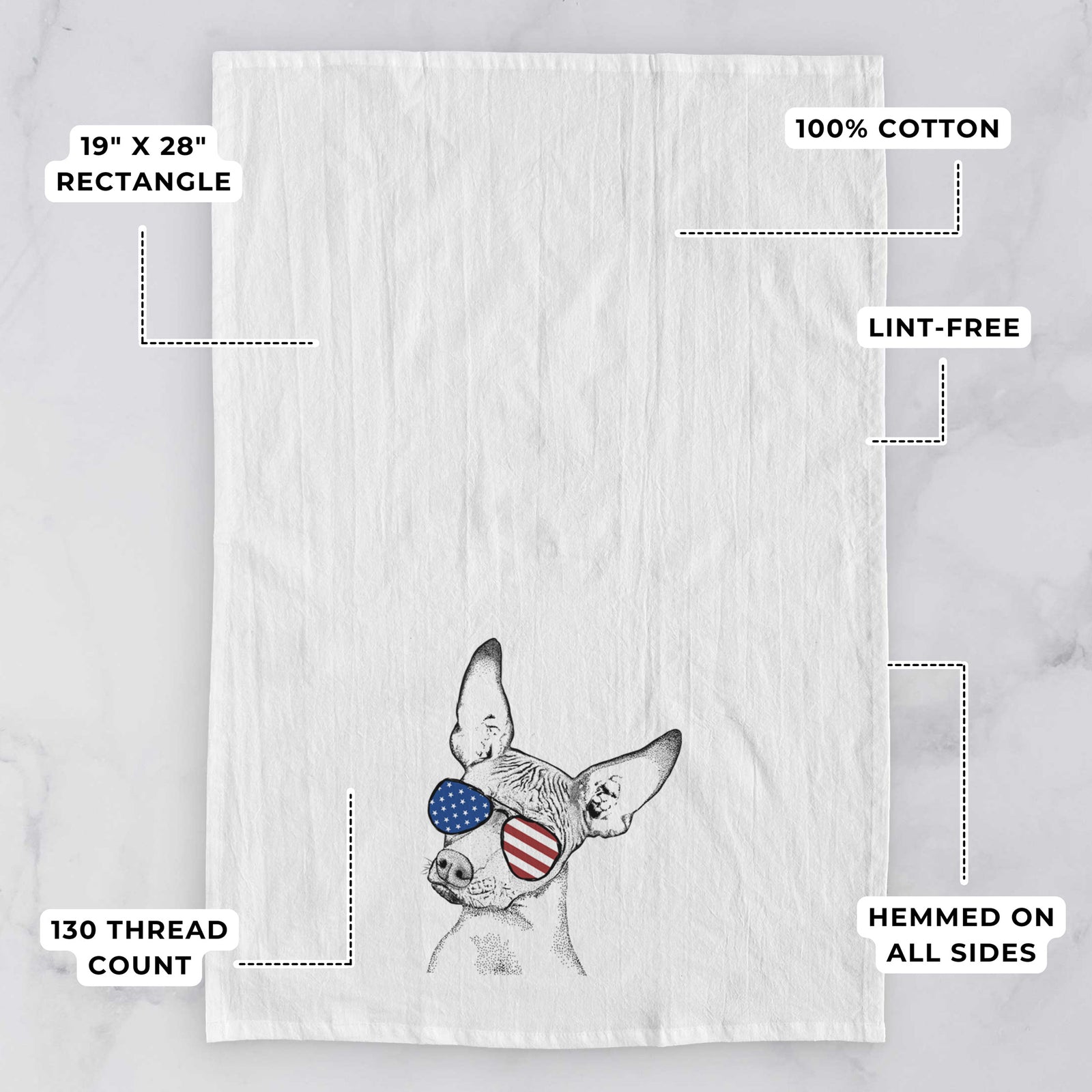 Hand-drawn sketch of Kahlo the Xoloitzcuintli wearing American flag sunglasses on a tea towel, with feature callouts: 19 x 28 inch rectangle, 100% cotton, lint-free, 120 thread count, hemmed on all sides